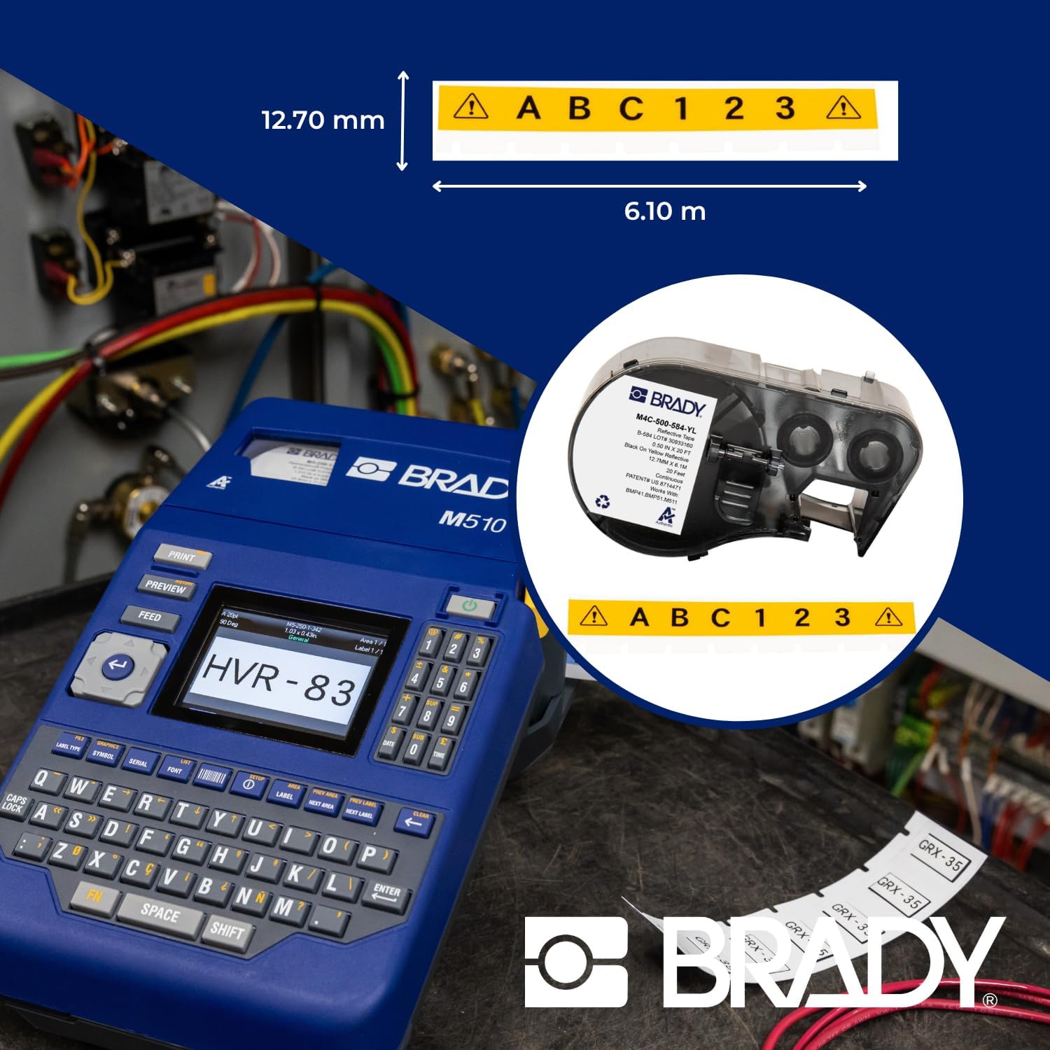 Brady Reflective Tape Label Tape for Label Printer BMP41/BMP51/BMP53/M511 - Self Adhesive Printer Labels - Black on Yellow (12,70 mm (W) x 6,10 m (L)) - M4C-500-584-YL