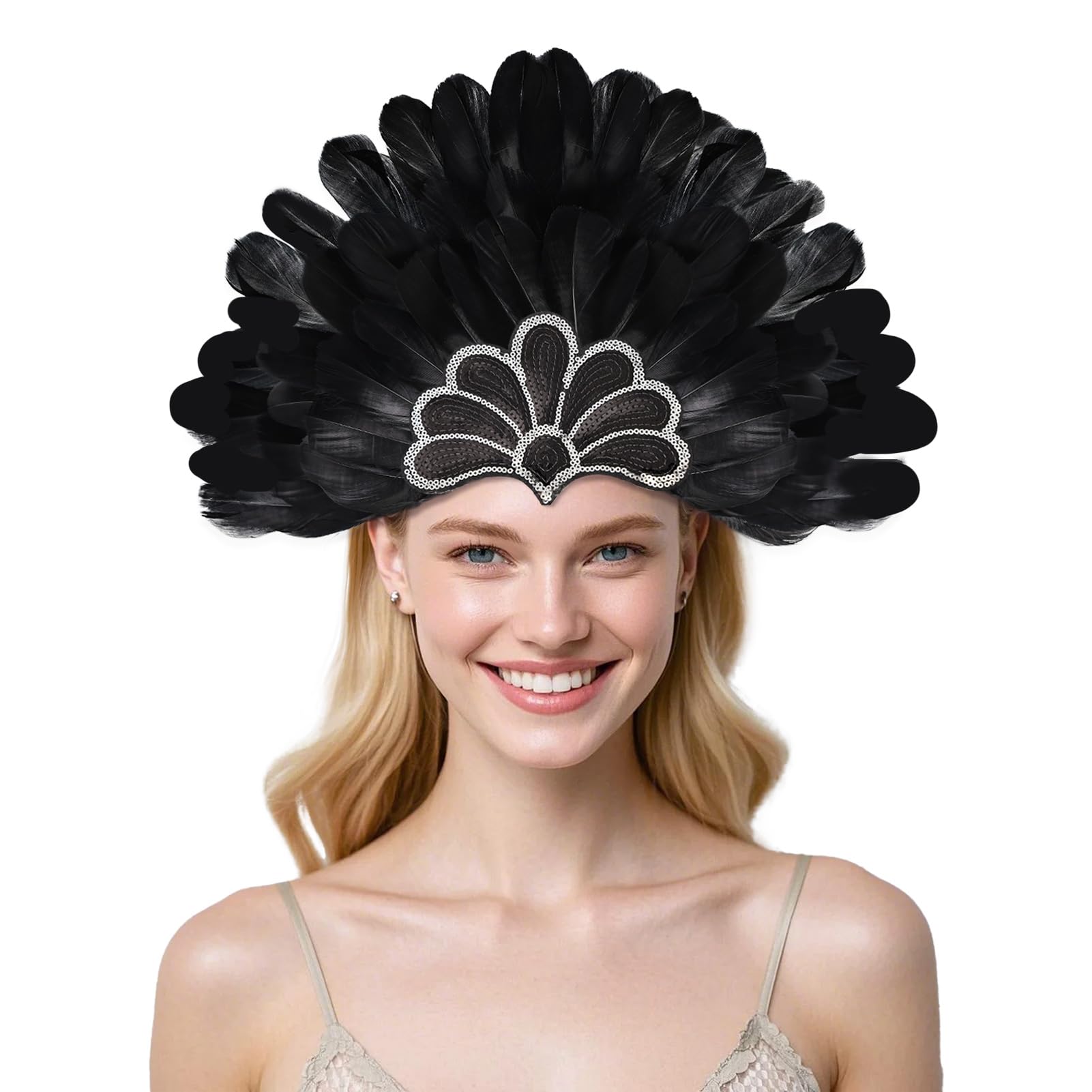 MAOFENG Women's Carnival Feather Headpieces Sequin Headdress for Wedding Masquerade Party Cosplay Feather Headbands