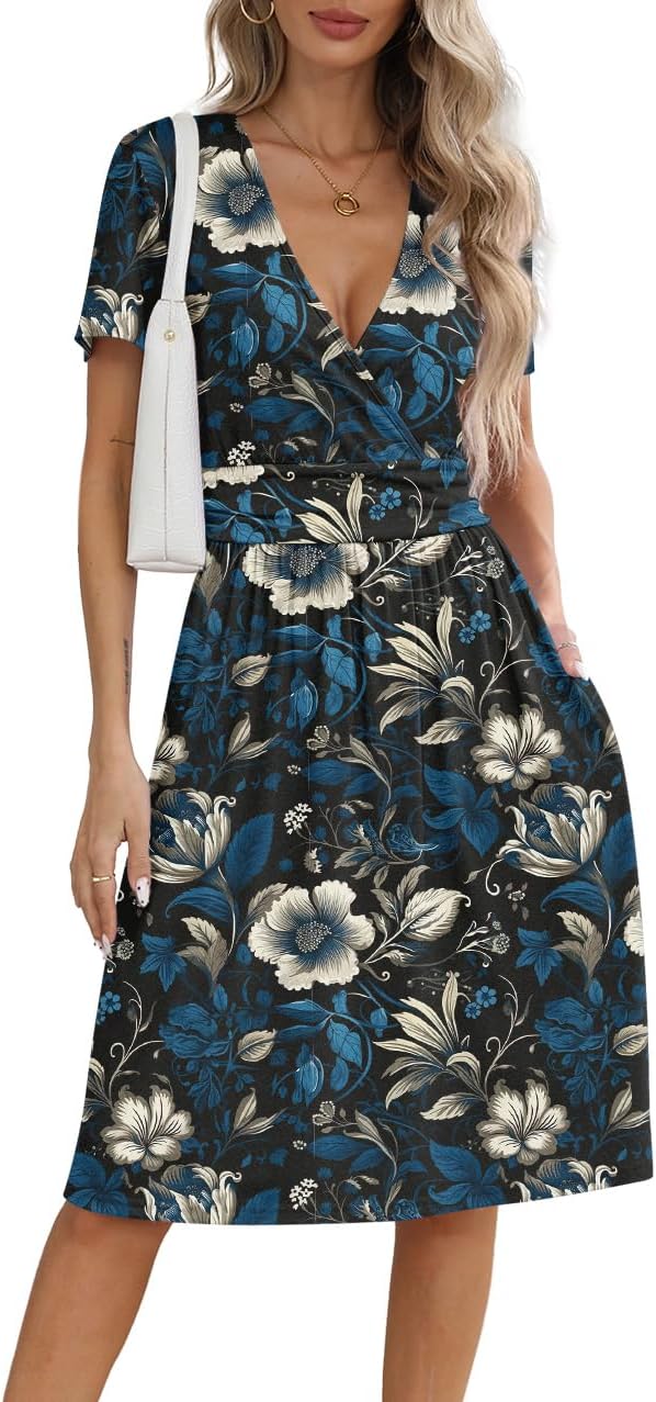 NILOUFO Women's Summer Casual Dress Short Sleeve Wrap V Neck Midi Dresses with Pockets