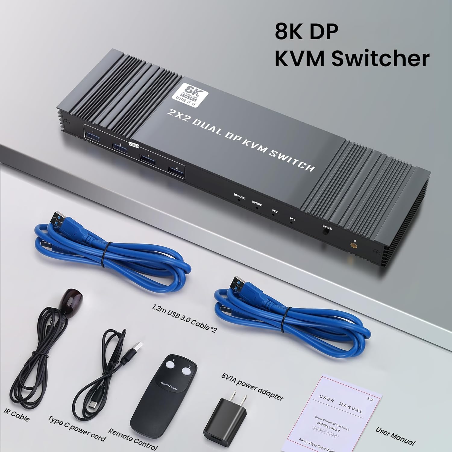4K@120Hz KVM Switch 2 Monitors 2 Computers, 8K@60Hz DisplayPort Dual Monitor KVM Switch with 4 USB 3.0 Ports Share Keyboard Mouse, Support Extended/Copy Mode with 2 USB3.0 Cables and Controller