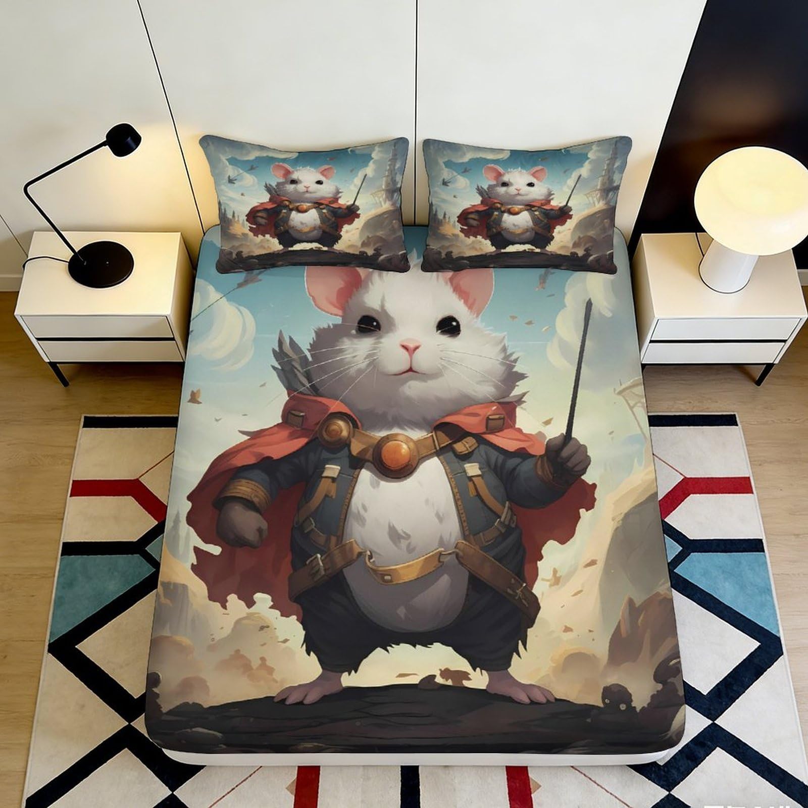 3D Printed Fantasy Mouse Fitted Sheet Microfiber Soft Decorative Cartoon Animal Bed Cover for Bedroom Dorm Protection Decor 90x200x25cm