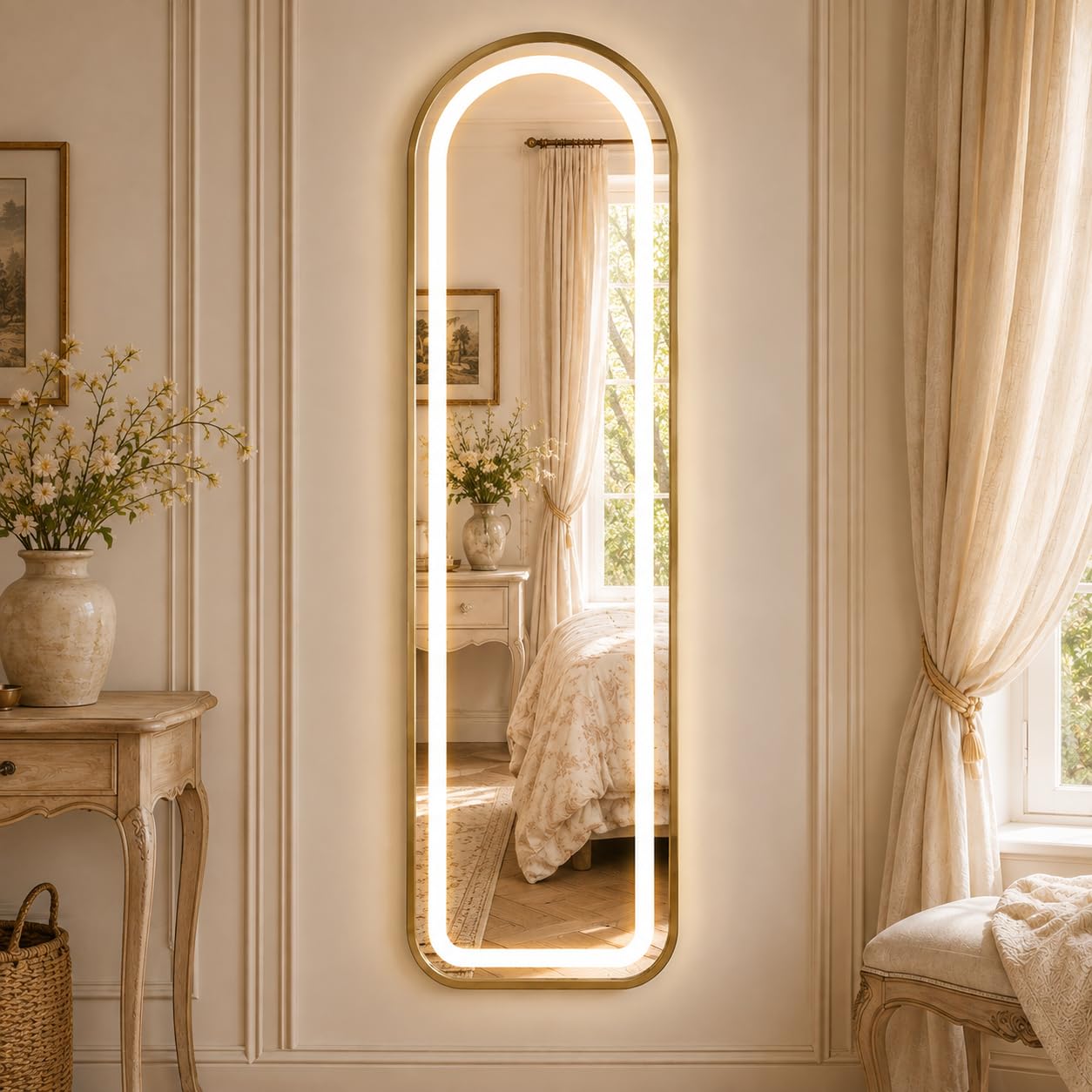 Specchio da appoggio a LED, 150 x 40 cm, specchio pieno piede arcuato dorato in vetro temperato, illuminazione a 3 colori, da appoggiare a terra, da appendere o da fissare alla parete, per