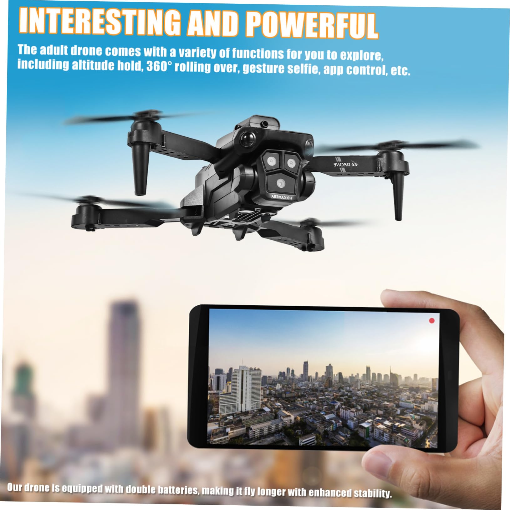 Drone Pieghevole Max con Tripla Fotocamera HD e Lente 150° | Abs Nero, Batteria 1800mah 3,7v, Doppio Accumulatore, Controllo App e Comando a Lunga Distanza