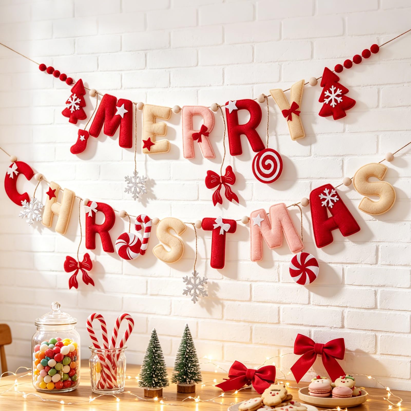 Merry Christmas Felt Banner Garland, Cotton-Filled Festive Letter String, Red and Pink Holiday Hanging Decoration