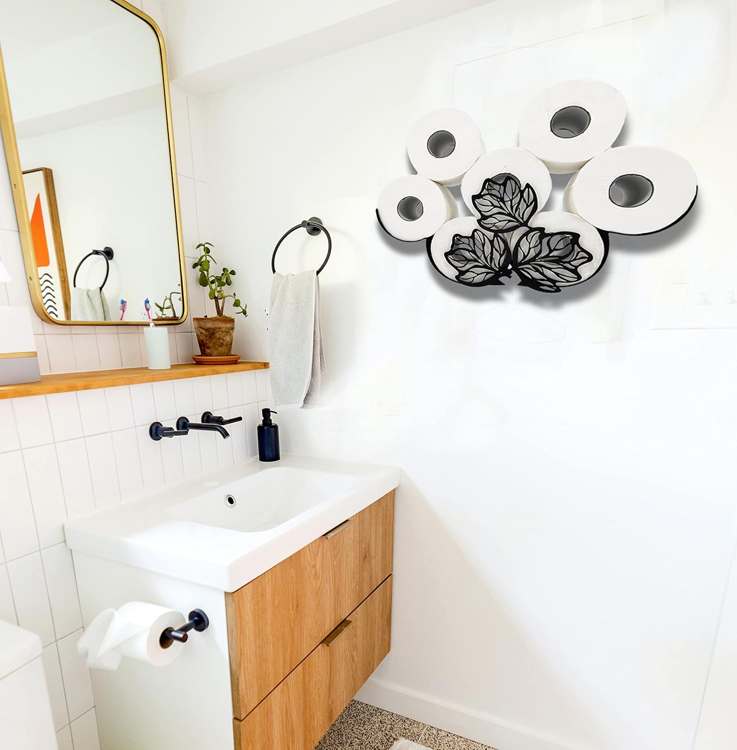 Leaves Metal Wall Toilet Tissue Holder, Black Toilet Paper Storage, Cute Wall Organizer for Bathrooms, Holds Extra 8 Rolls