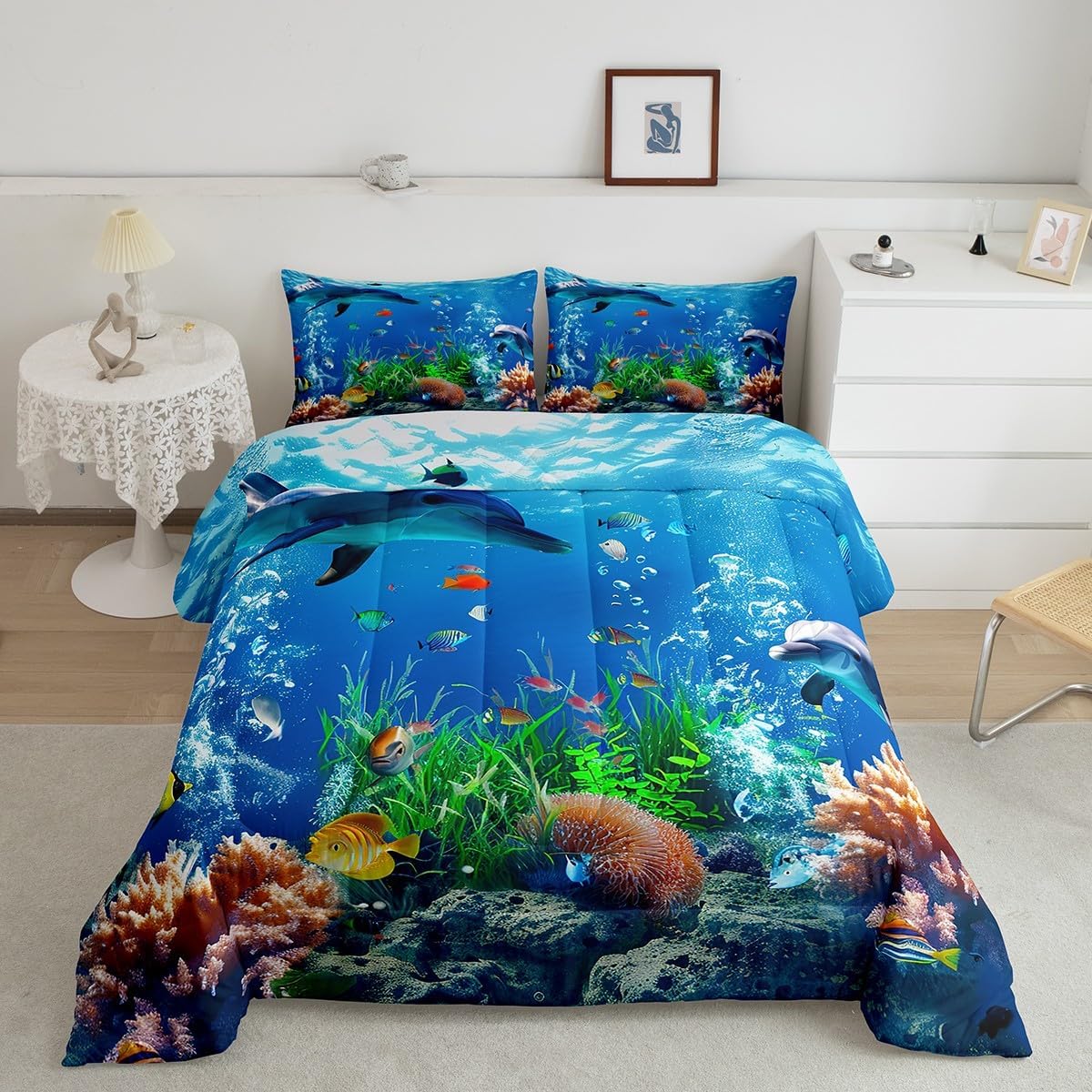 Erosebridal Blue Ocean Comforter Set Full Size,3D Fish Down Comforter Underwater World Sealife Bedding Set Nautical Sea Animal Aquarium Bed Quilt Under Sea Tropical Hawaii Bedroom Decor