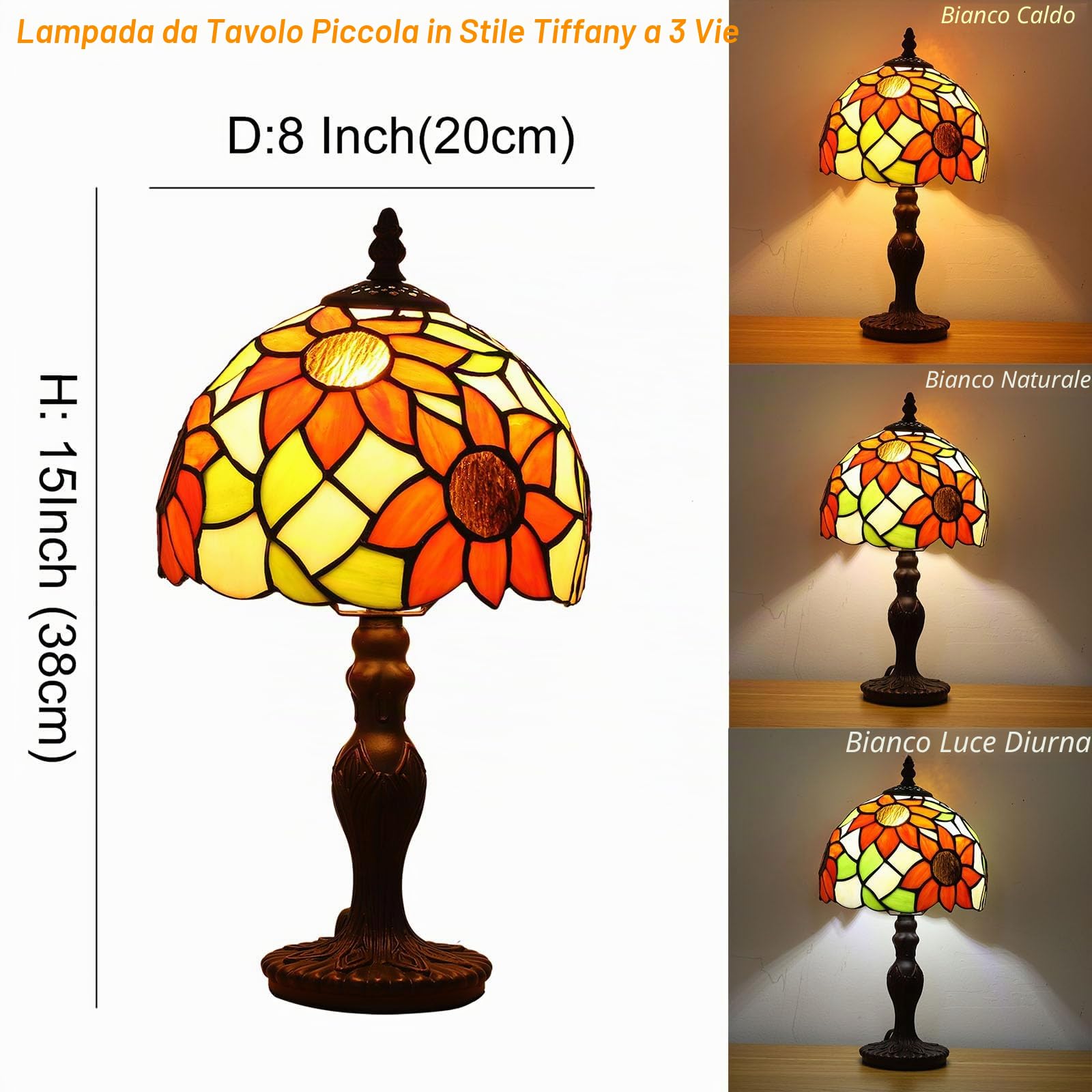 Lampada Tiffany da Tavolo con Paralume in Vetro Colorato per Soggiorno, Camera da Letto, Studio e Tavolino da Caffè
