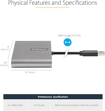 StarTech USB 3.0 to Quad HDMI Adapter, USB Type-A to 4 HDMI Monitor Converter, External Video Graphics Card, 4x 1080p 60Hz, Windows Only, TAA, Laptops and Desktops, Bus Powered, 1m Cable