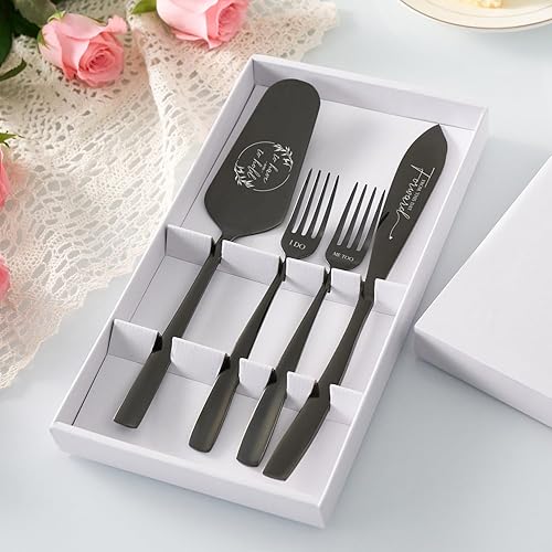 Miniatura 7 de AW BRIDAL I Do and ME Too - Juego de cortar pastel de boda con tenedores, cuchillo negro grabado para tartas y juego de servir, regalo de compromiso