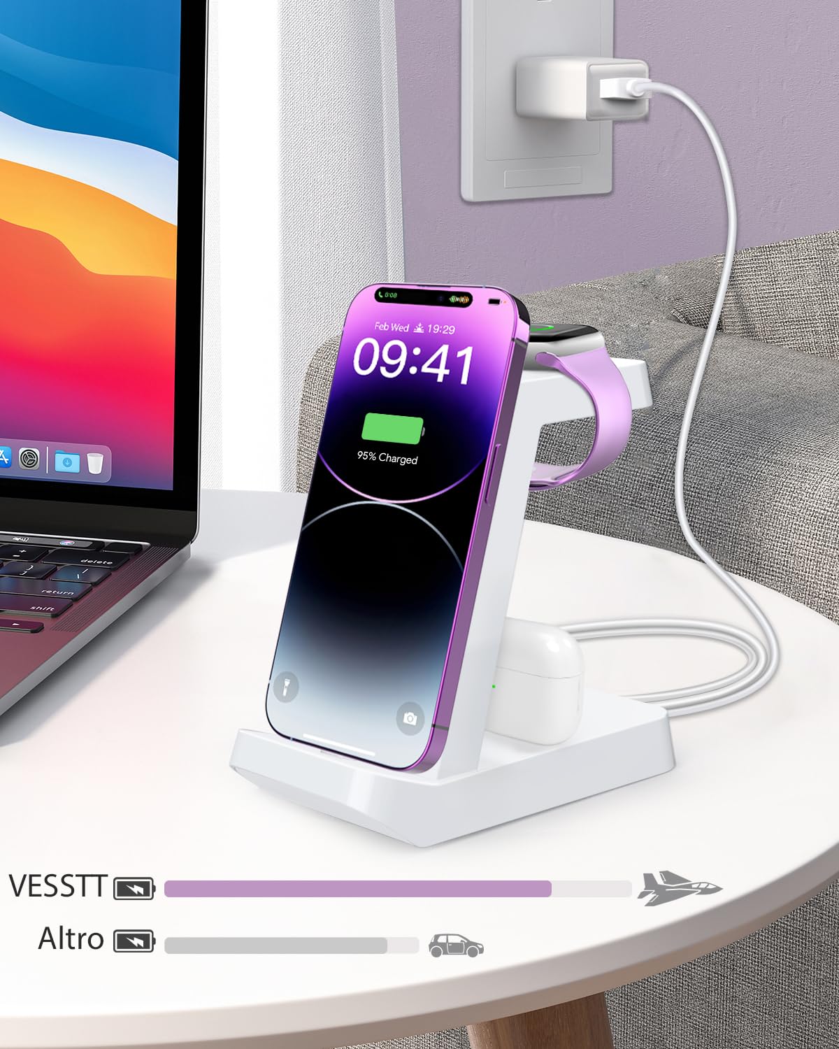 Caricatore iphone 3 in 1 per Apple: Stazione Ricarica per iPhone 14/12/13/11/Pro/Max/XS/XR/X/Mini, Earphones 3/2/1/Pro, Ricarica Wireless per Watch 8/7/6/5/4/3/2/SE (White)