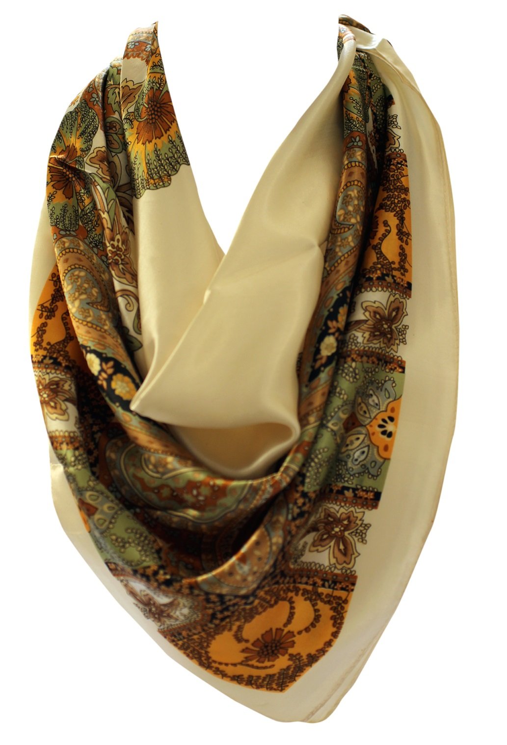 Bullahshah Cream Floral Pattern Bandana Scarf Silk Satin Square Neck Head Wrap (Cream)