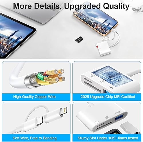 Vista 7 de Lector de Tarjetas SD Denlane para iPhone iPad Mac, Lector de Tarjetas de Memoria con Interfaz Dual USB C y Lightning, Adaptador de Cámara Digital a