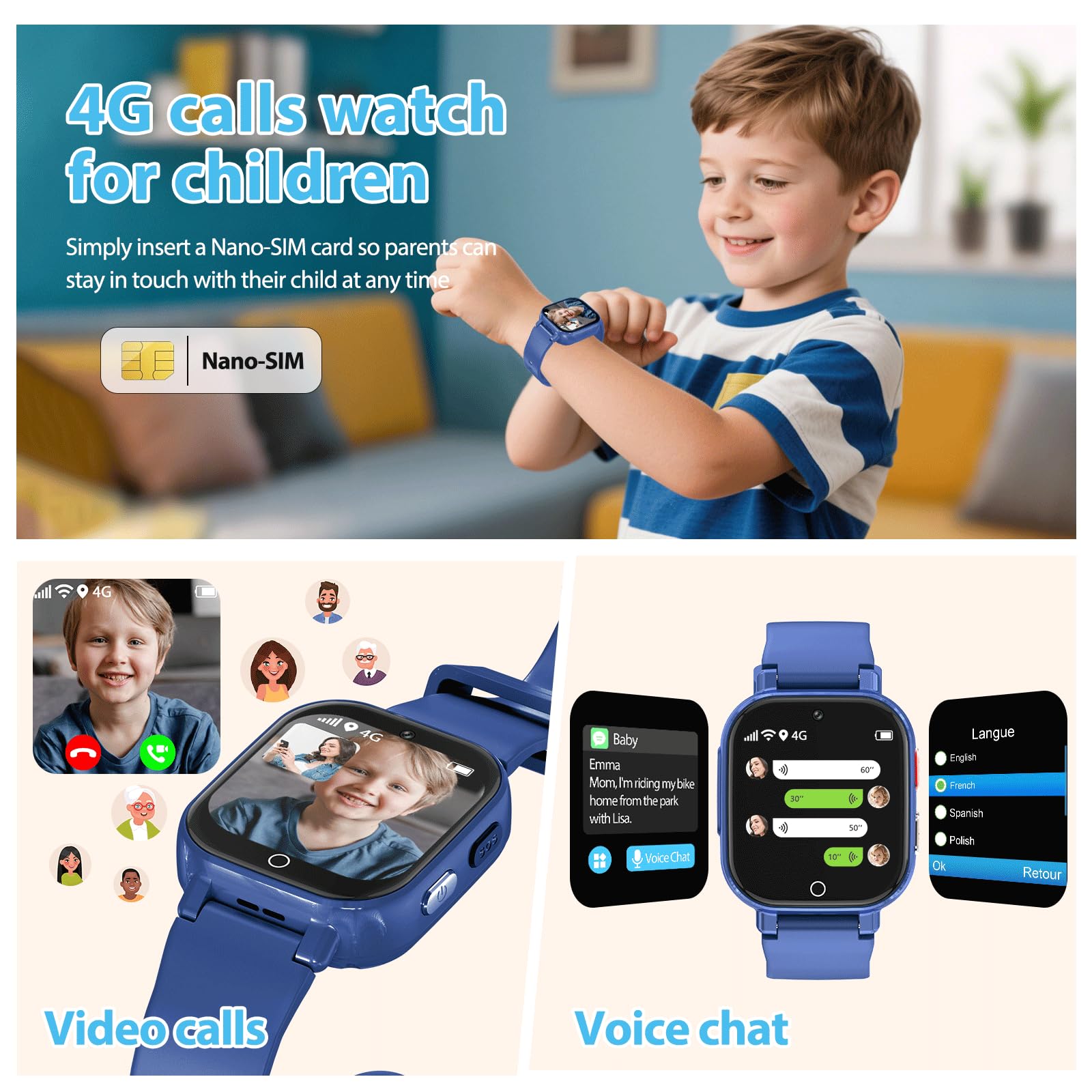 Alutoria Reloj Inteligente niños-Reloj con GPS y Llamadas 4G | Videollamadas Chat de Voz Mensajes SOS WiFi Juegos Podómetro-Reloj Smart Watch Niños Regalos 4-13 Azul