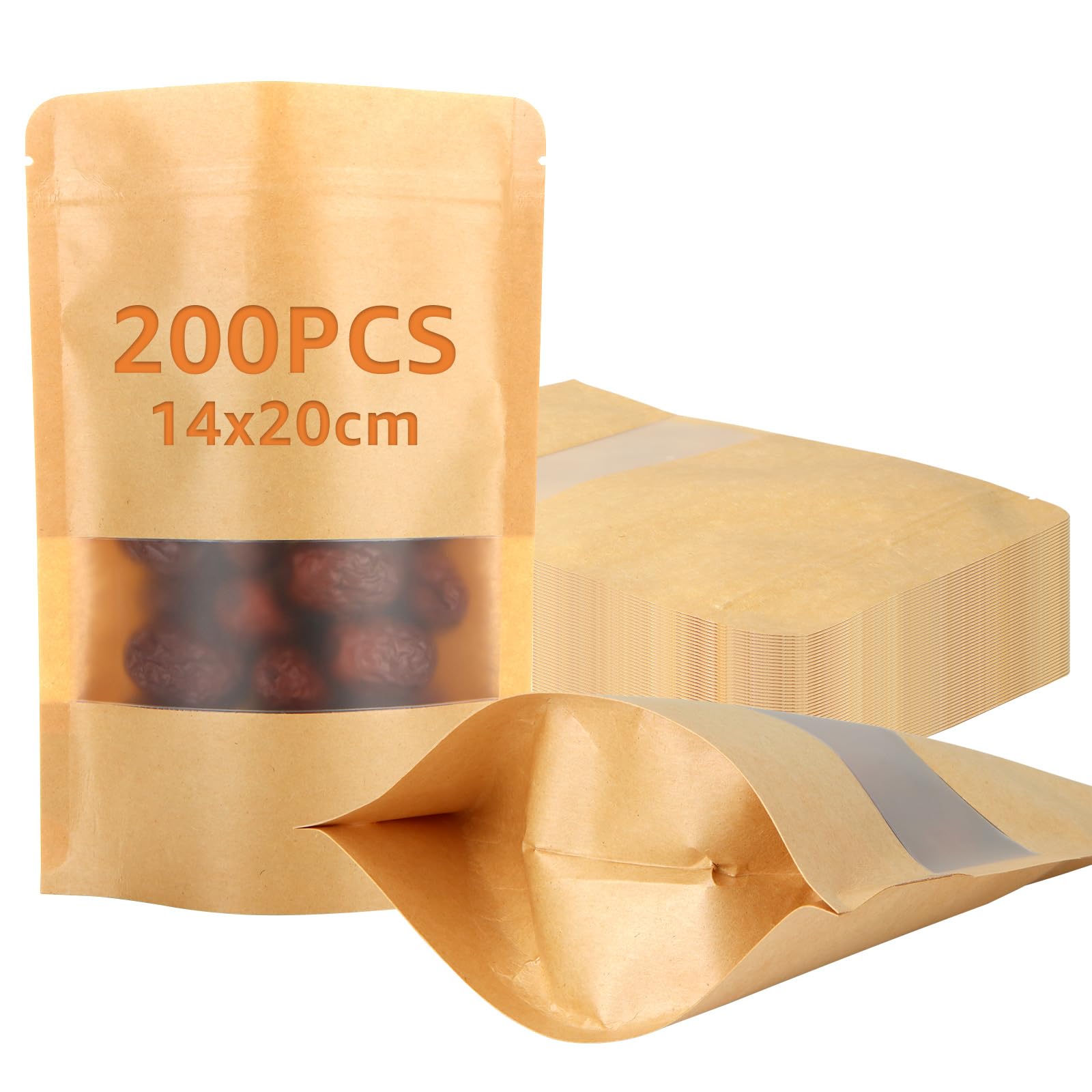 Lot de 200 sacs en papier kraft avec fenêtre - 14 x 20 x 4 cm - Sacs refermables - Étanche - Fermeture éclair - Convient pour fruits secs, graines de thé, noix, grains de café - Marron