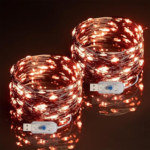 Beingreat - Guirnalda de luces USB, paquete de 2 mini luces LED de 33 pies con 8 modos para Halloween, Navidad, Pascua, naranja