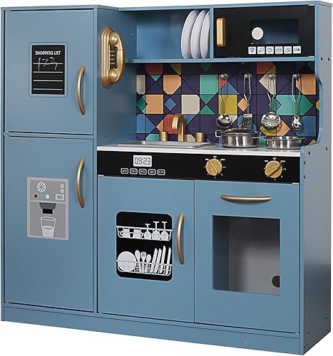 Miniatura 8 de Juego de juguetes de cocina de madera con luz, juego de cocina de juguete de simulación para niños, horno de juguete para fregadero con microondas,