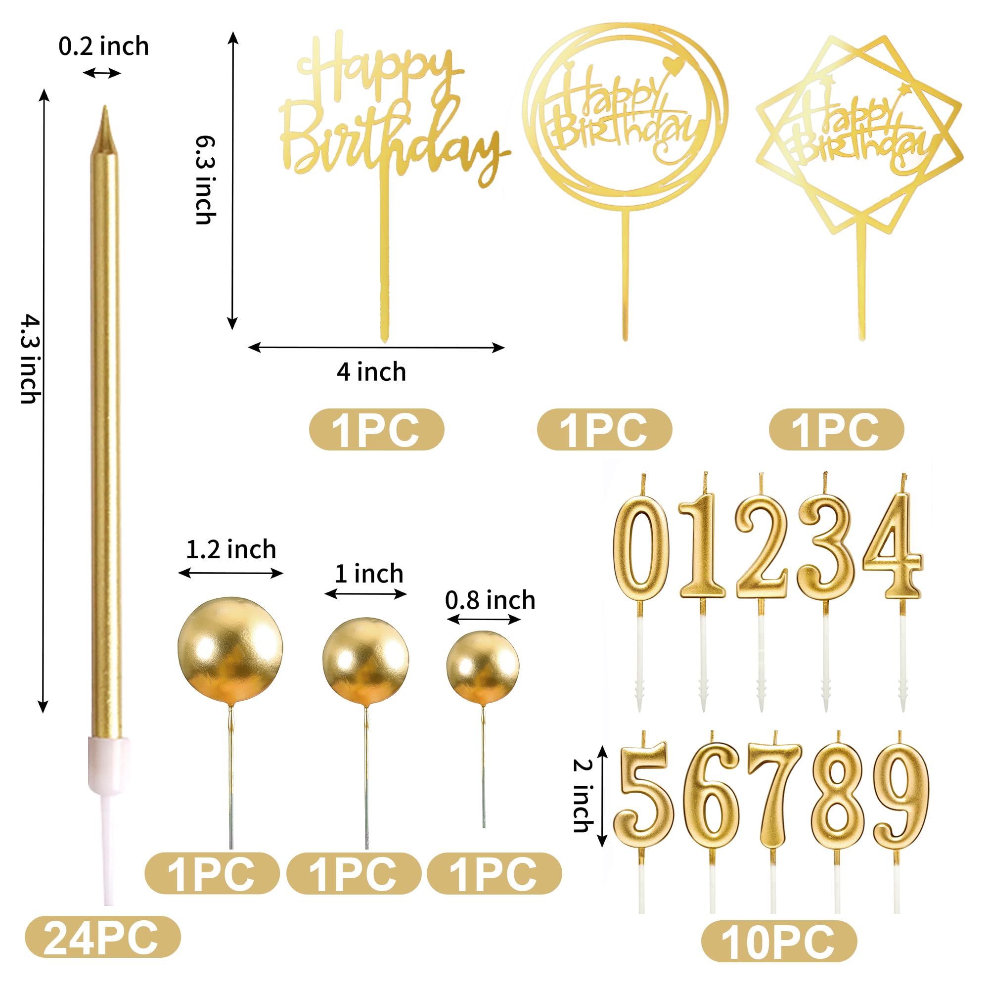 PHD CAKE 46 Stück goldene Geburtstagskerzen, 10 Kuchen-Zahlenkerzen, 9 Kugel-Kuchenaufsätze, 3 Geburtstagskuchenaufsätze, Party-Feier