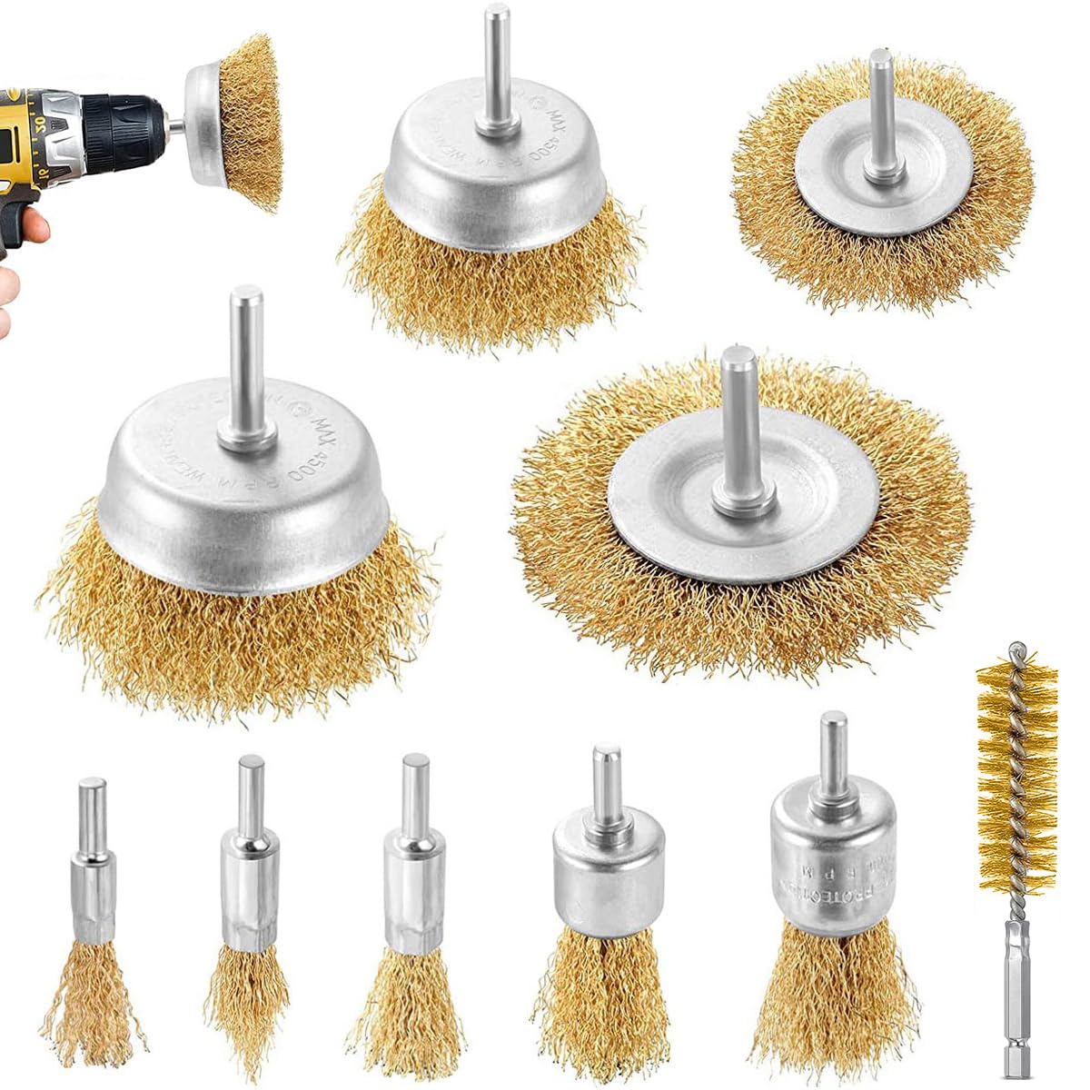 Sliva Wire Brushes Drills Set, 10 pcs Brass Coated Wire Brush Wheel