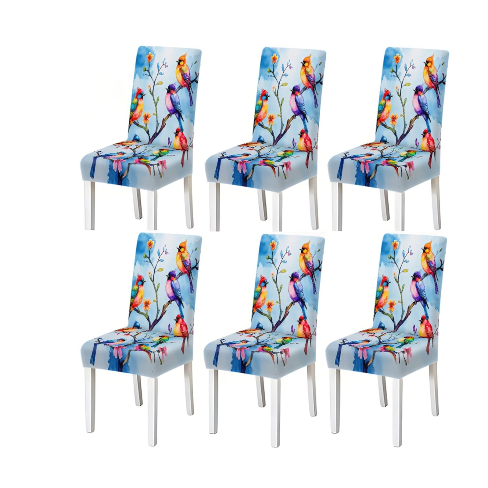 Bosuybn One Color Watercolor Colorful Birds On Branch Pattern Print Dining Chair Covers Set Of 2/4/6, Stretch Slipcovers For Kitchen Dining Room Furniture Protectors For Home Dining Room(6Pcschair Cover)