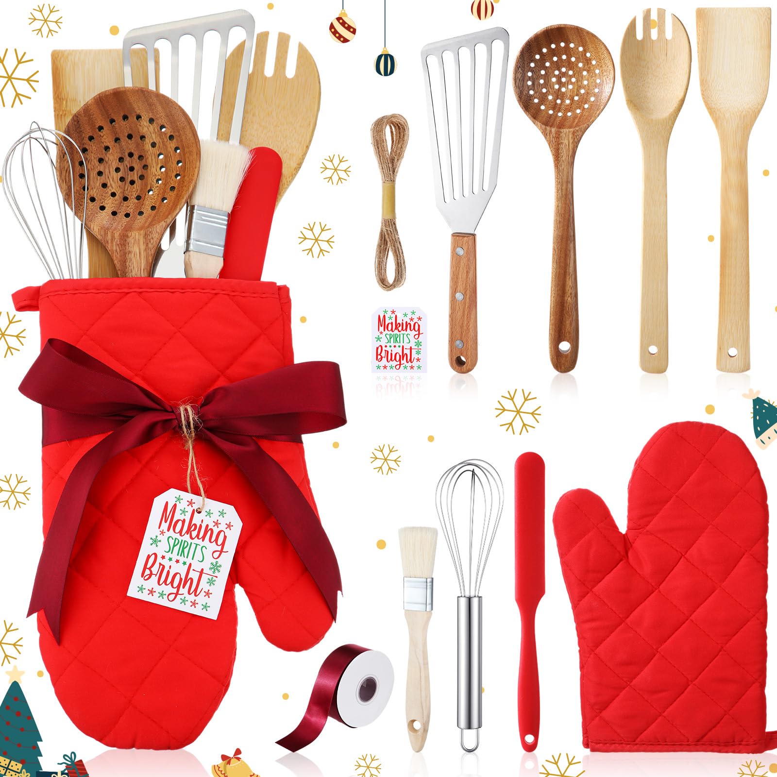 Roshtia Juego de guantes de horno rojos de Navidad, juego de regalo de Navidad para hornear que incluye guantes de horno resistentes al calor, raspadores, batidores, espátulas, coladores para amigos