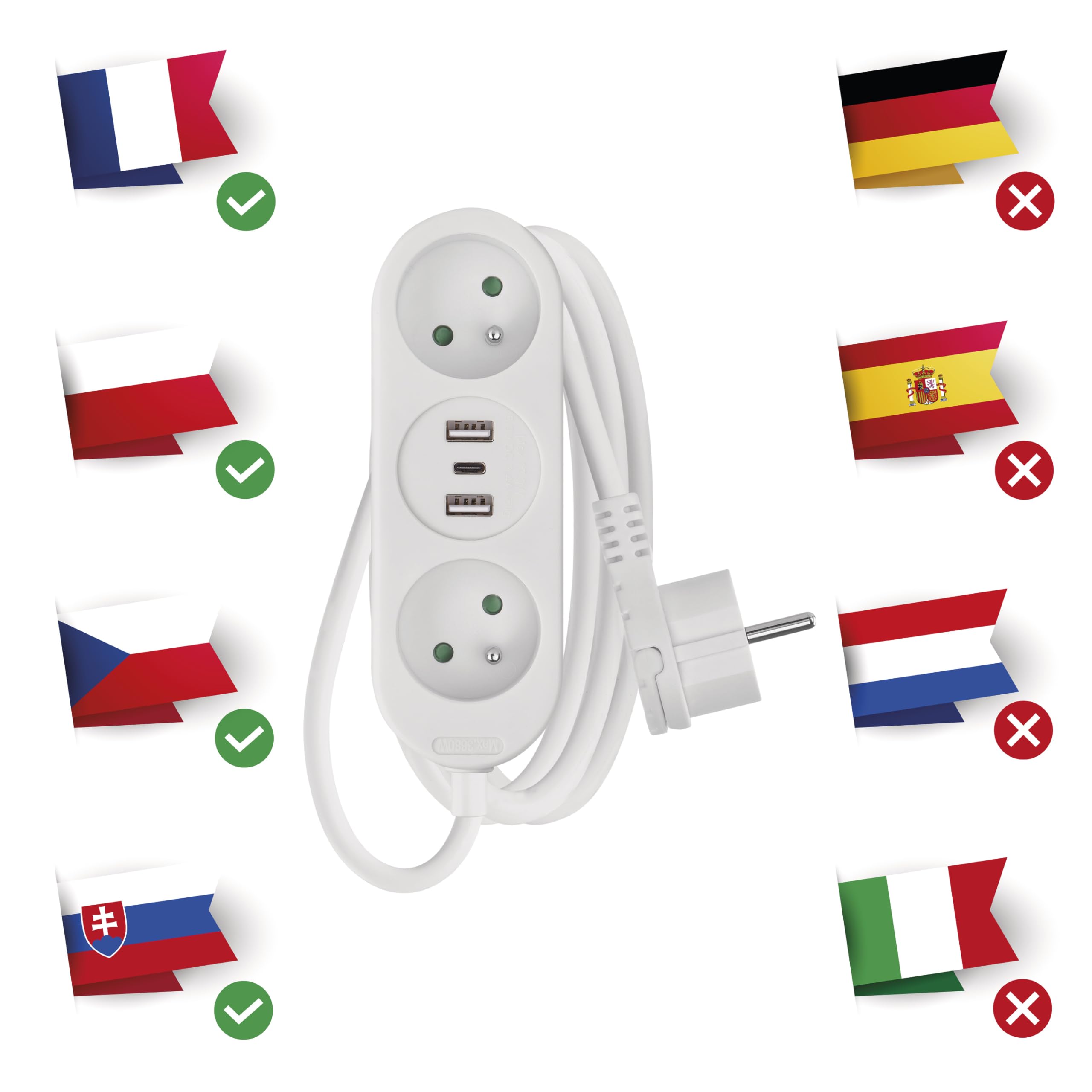 EMOS Listwa zasilająca z USB, 2-krotne gniazdko wielokrotne i 3 x port USB, przedłużacz 2 m, 2 x USB-A + 1 x złącze USB-C, maks. prąd ładowania 3,4 A, zwiększona ochrona przed dotykiem, IP20 do użytku