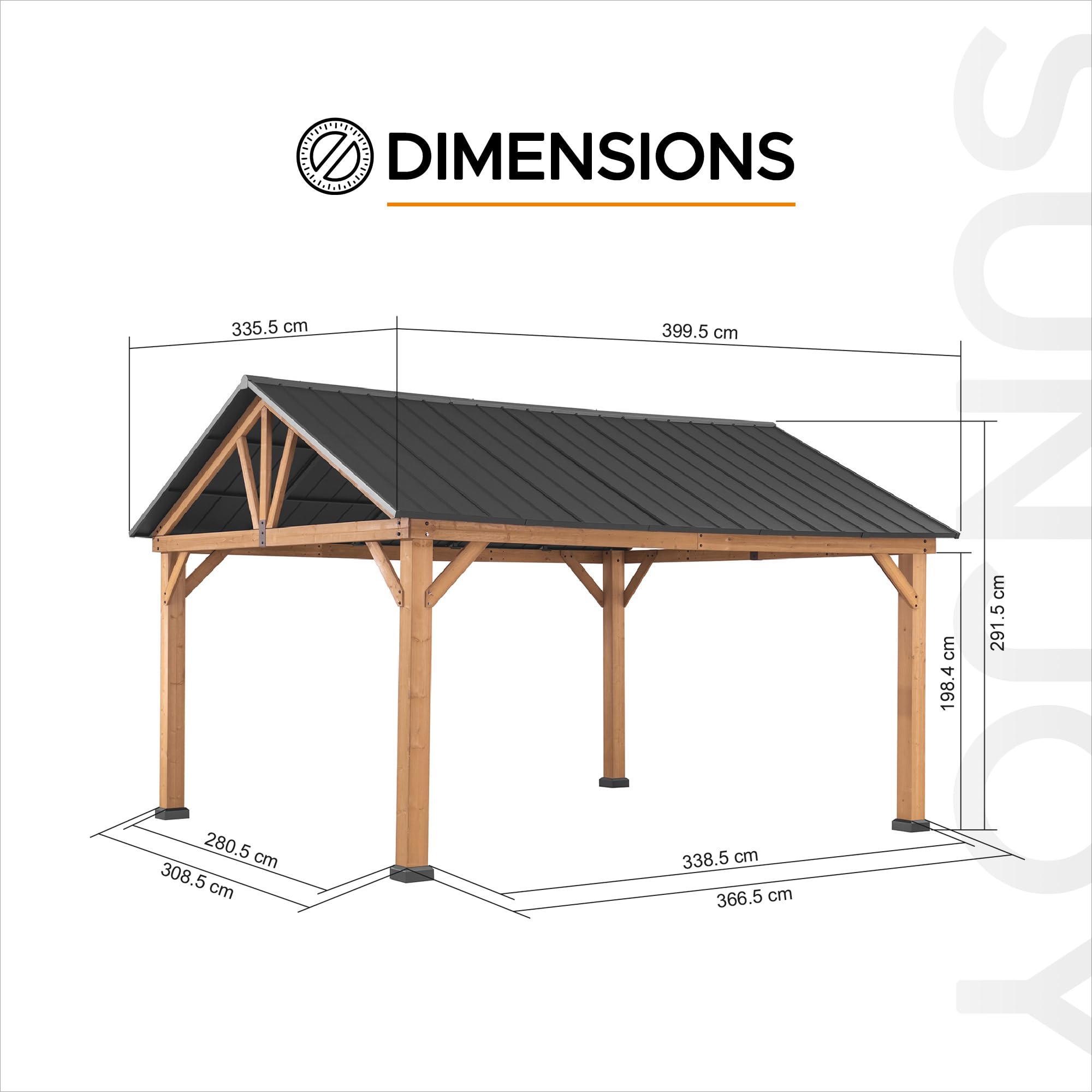 SUNJOY 4x3,36 m Holzpavillon aus Zedernholz wasserdicht, Wind- & schneefest, mit Satteldach aus Stahl, 14 cm starken Pfosten, robuster, dauerhafter Pavillon für Terrasse, Garten