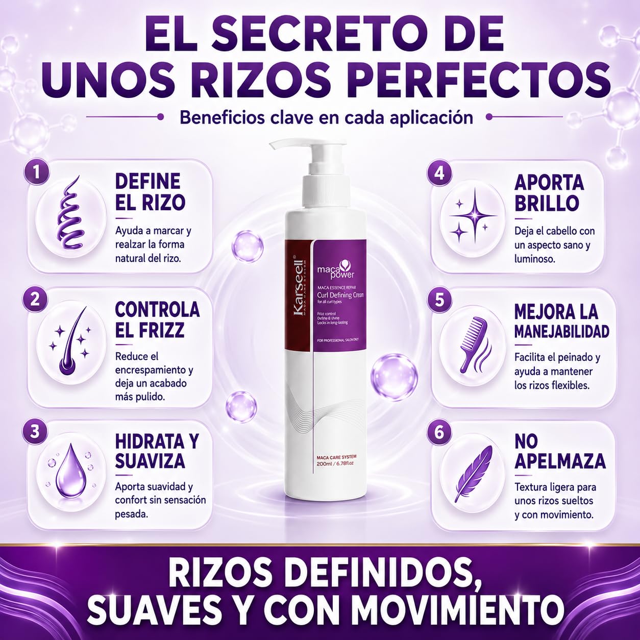 Karseell MACA CARE SYSTEM Crema Definidora de Rizos con Aceite de Argán Colágeno Coco Jojoba Hidratante Nutritiva Reparadora Antiencrespado Antifrizz Cabello Rizado Seco Dañado Brillo Suavidad 200ml