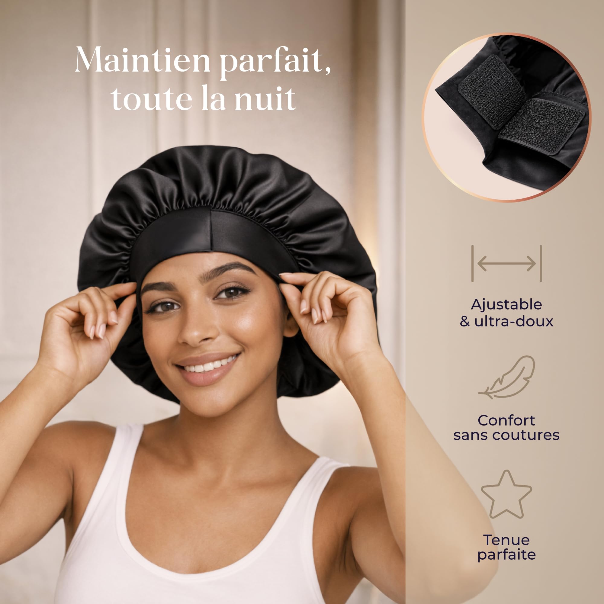 Dreamzie Bonnet Satin Cheveux Nuit - 100% Soie de Mûrier 22 Momme Ajustable - Bonnet en Satin de Soie - OEKO-TEX®