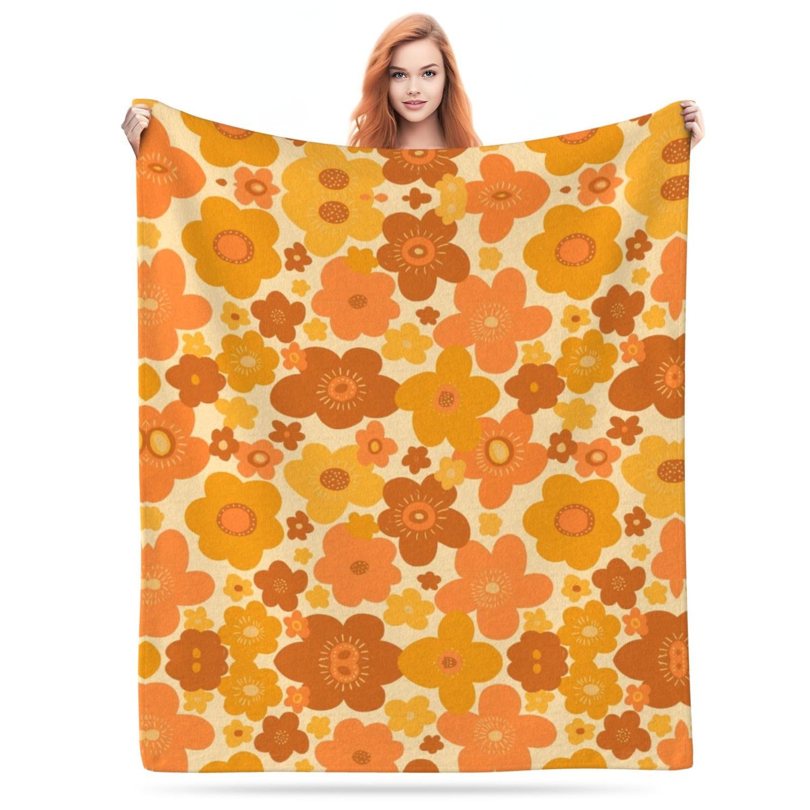 Poacnip Black4 Abstract 70S Retro Vintage Colors Orange Hippy Floral Pattern Flannel Fleece Lightweight Cozy Bed Soft Throw Blanket Fit Couch Sofa For For Home Bedding Living Room Traveling Camping 50 X40