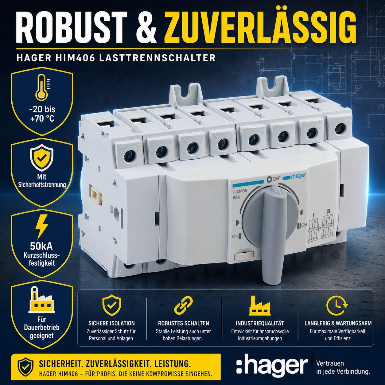 HAGER HIM406 Lastumschalter 63A 4-polig 3P+N für Hutschiene 35mm, Umschalter mit Sicherheitstrennung I-0-II, Lasttrennschalter 400V AC 41kW nach DIN EN 60947-3, 8TE Modulgerät