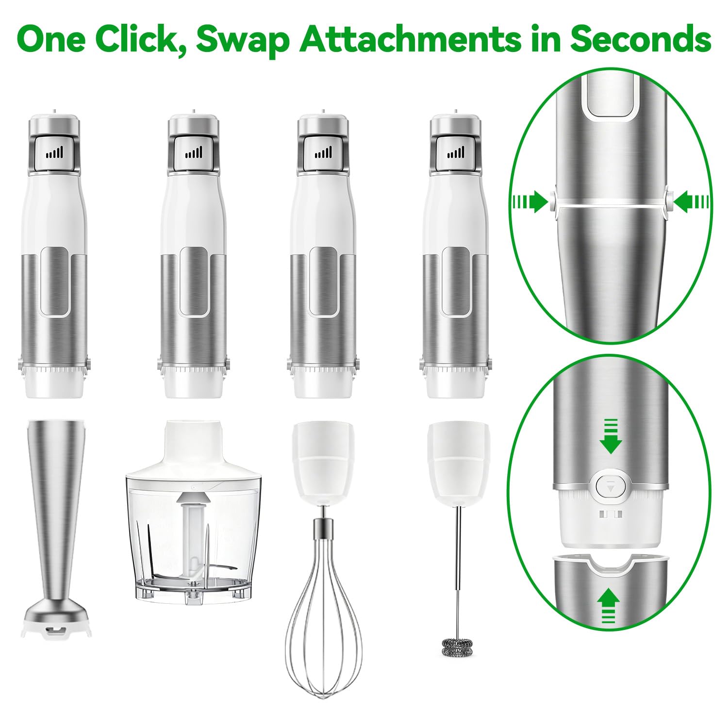 BESROY Frullatore a Immersione 5 in 1, 1100W Potente, Mixer Cucina Elettrico in Acciaio Inox, Velocità Regolabili, Set con Tritatutto, Frusta, Montalatte e Misurino per Zuppe e Frullati