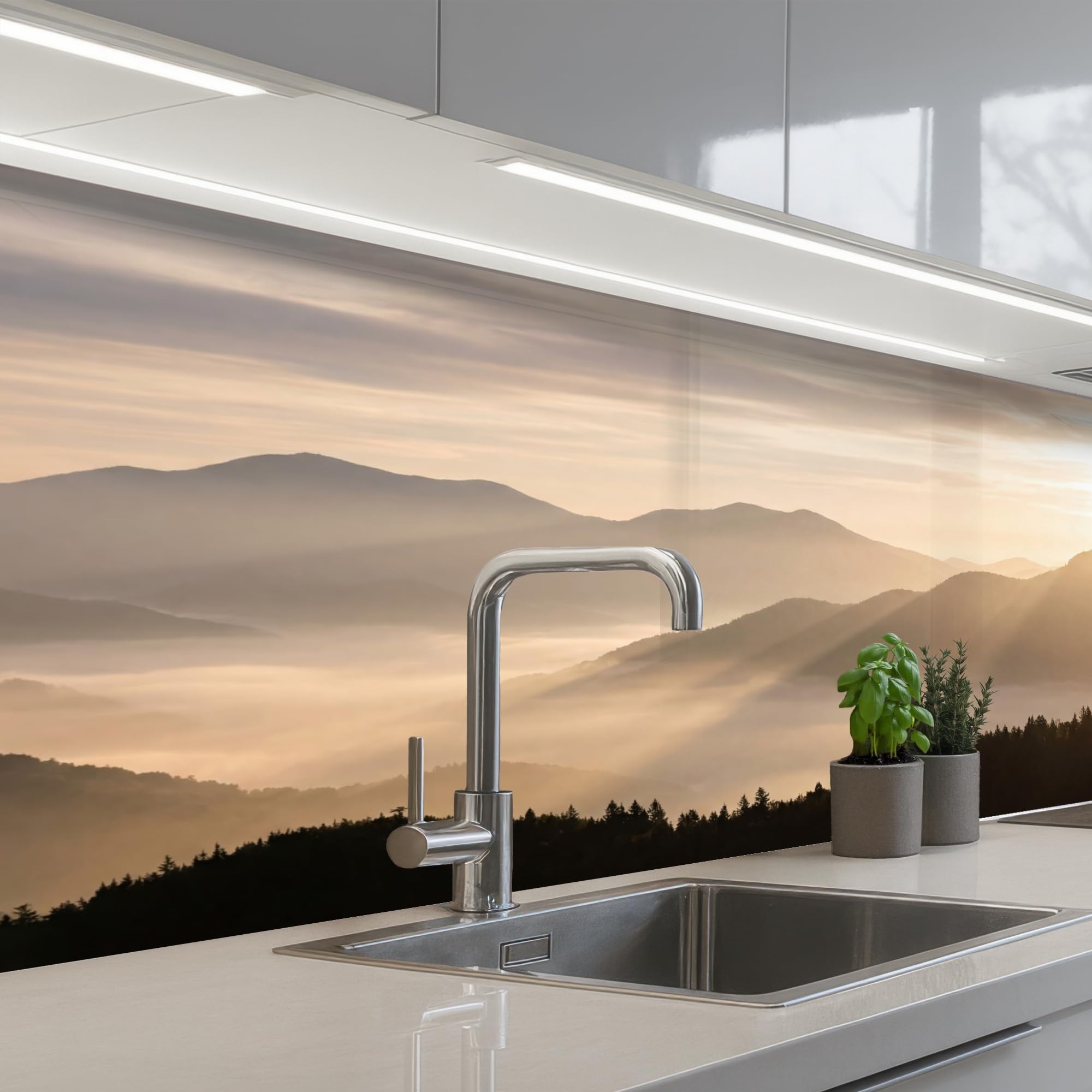 KitchenYeah© Splashback for kitchen 32"x59" / 80x150 cm self-adhesive Wall Protector Splash Back Cooker Backsplash Mountains - Fog - Sunbeams