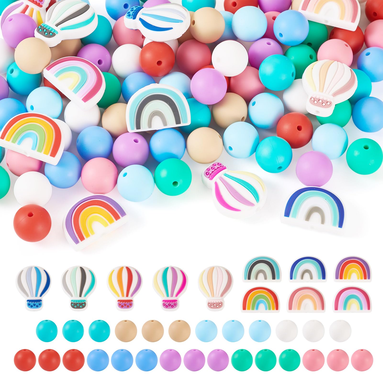 Craftora 101 Pcs Rainbow Color Silicone Beads Rainbow Hot Air Balloon Round Silicone Focal Beads Rubber Spacer Bead for DIY Pens Keychain Jewelry Making — image 1