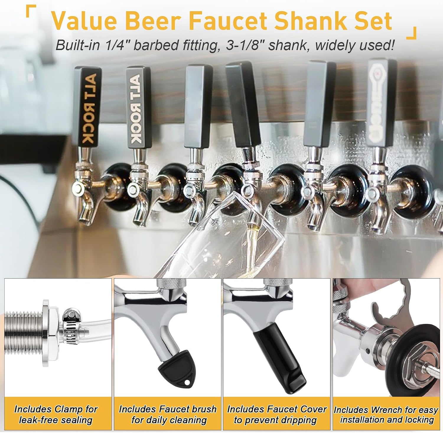 FERRODAY New 3-1/8 inch Shank, Stainless Steel Core Draft Beer Faucet, Chrome Plated Beer Tap, No-Rust No-Leak Beer Tap Faucet, 1/4 Barb Keg Tap Faucet Kegerator Faucet Parts for Homebrew