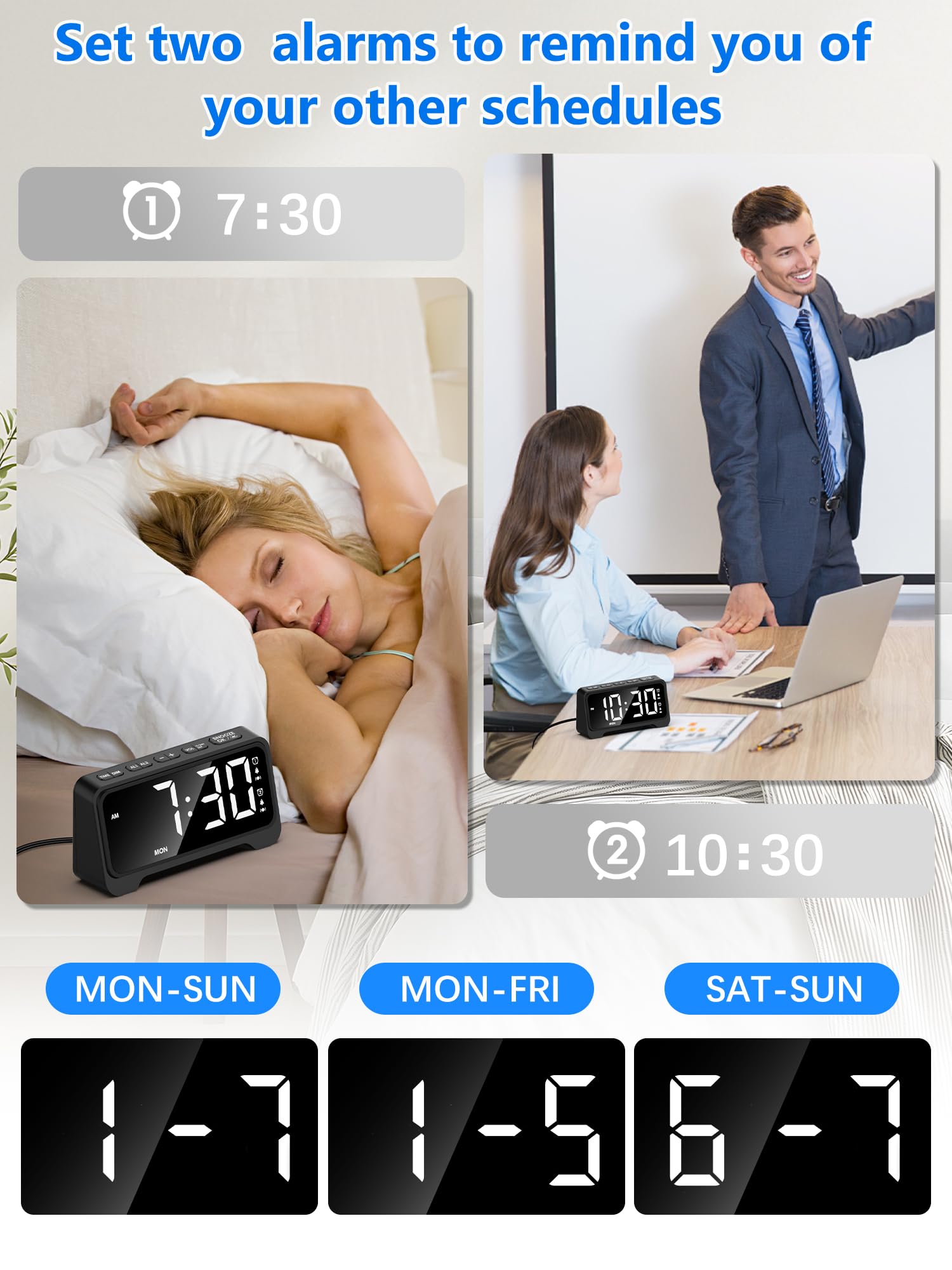 Sveglia con Vibrazione, Sveglia Potente Forte per Sordi, Orologio da Tavolo con Luce Notturna, Porta USB, Ampio Display, Luminosità Regolabile, 2 Allarmi, Plug-in Orologio Digitale da Camera, 12/24h