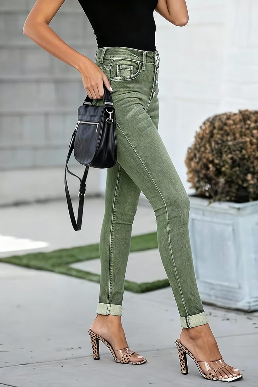 Allimy Women's High Rise Skinny Stretch Button Ripped Jeans High Waisted Destroyed Denim Pants - Image 5