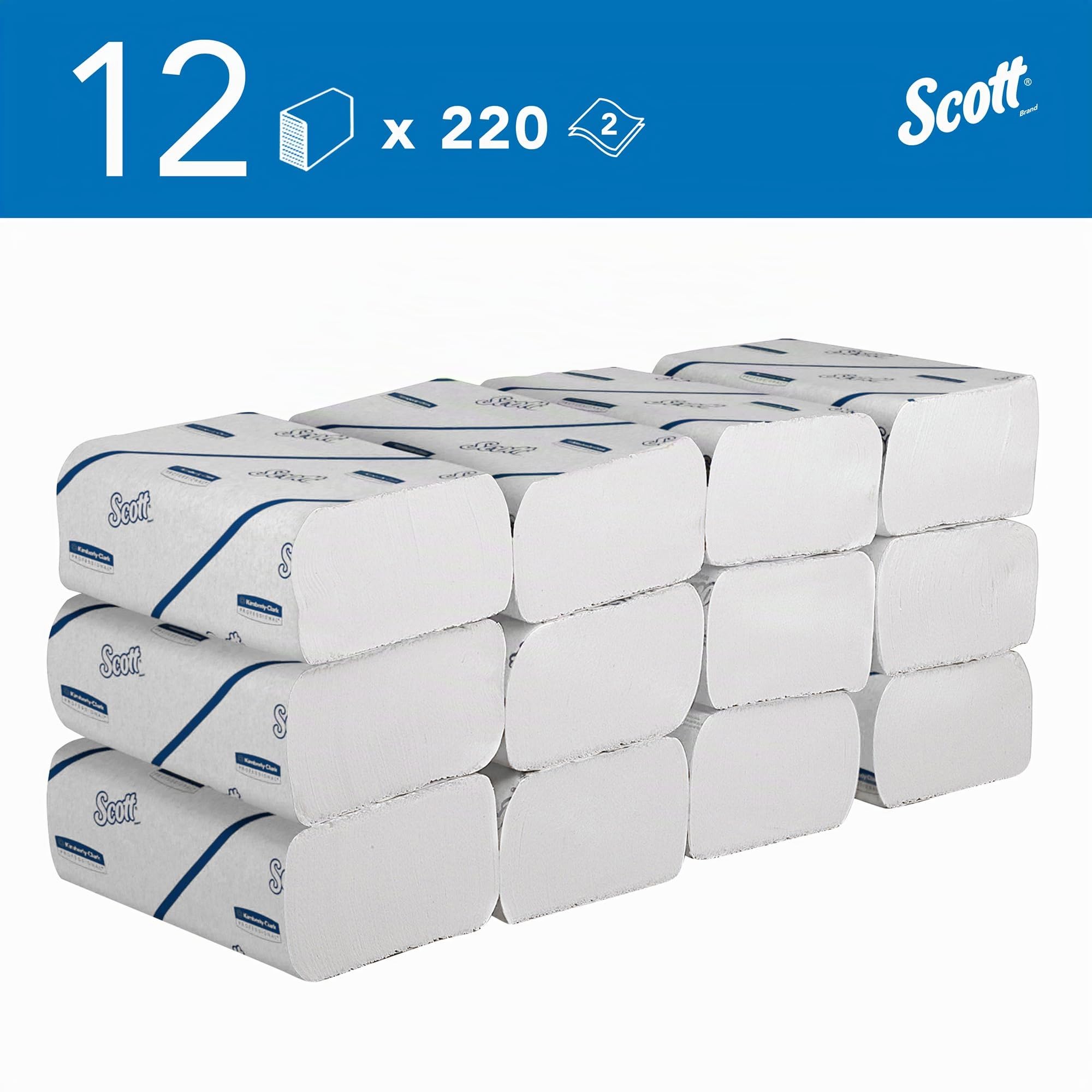 Essuie-mains Scott® EssentialTM 6603 – pliés, enchevêtrés en V, 2 Épaisseurs, Blancs, Absorbants & Écoresponsables – 12 Paquets x 220 Feuilles (2 640 au Total)