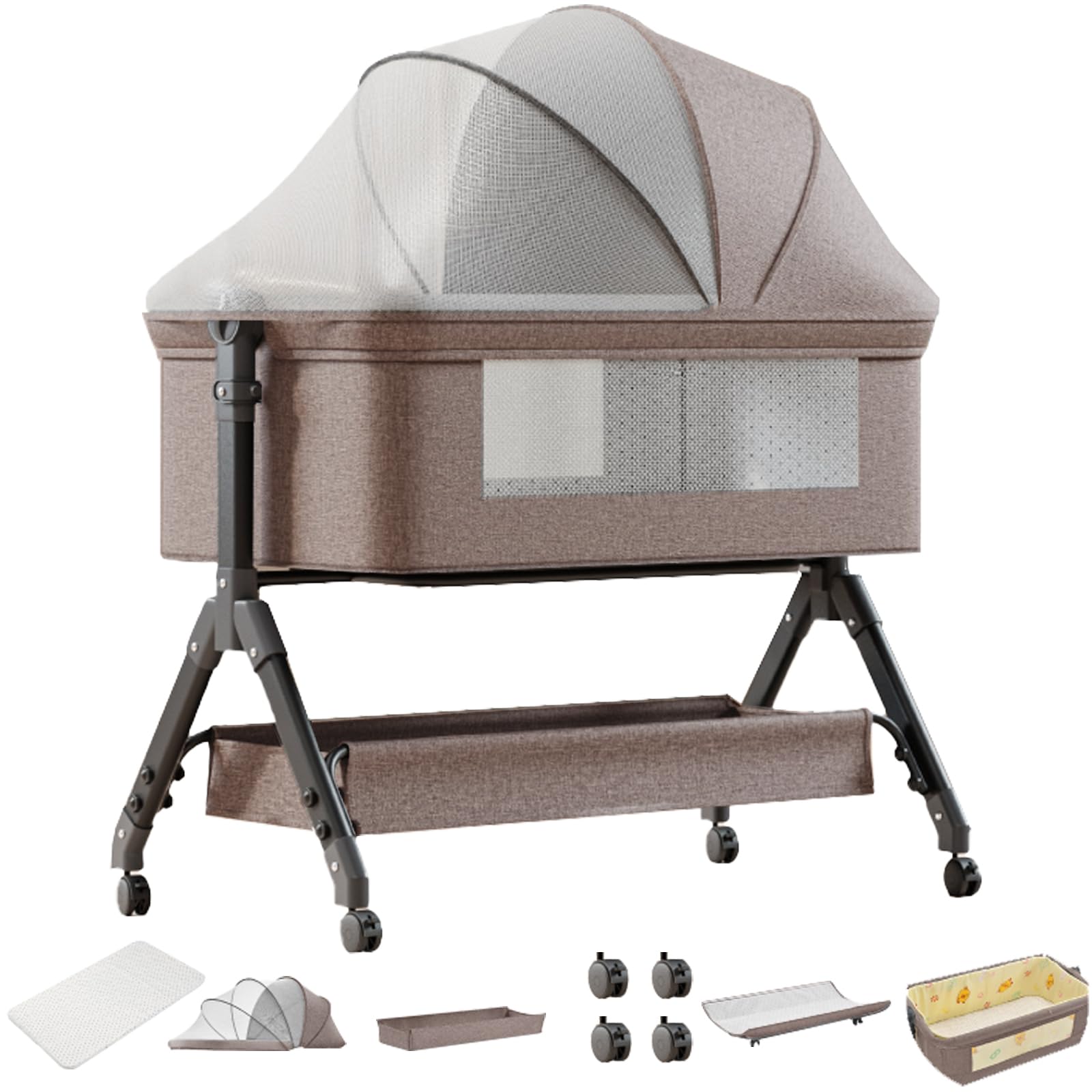 Magic ZC Lit Cododo Bebe, Convertible Cododo Berceau Bébé Co-Sommeil, Livré avec Un Grand Panier de Stockage et des Roues Mobiles, Pliable Lit Bebe avec Matelas (X3 Khaki)