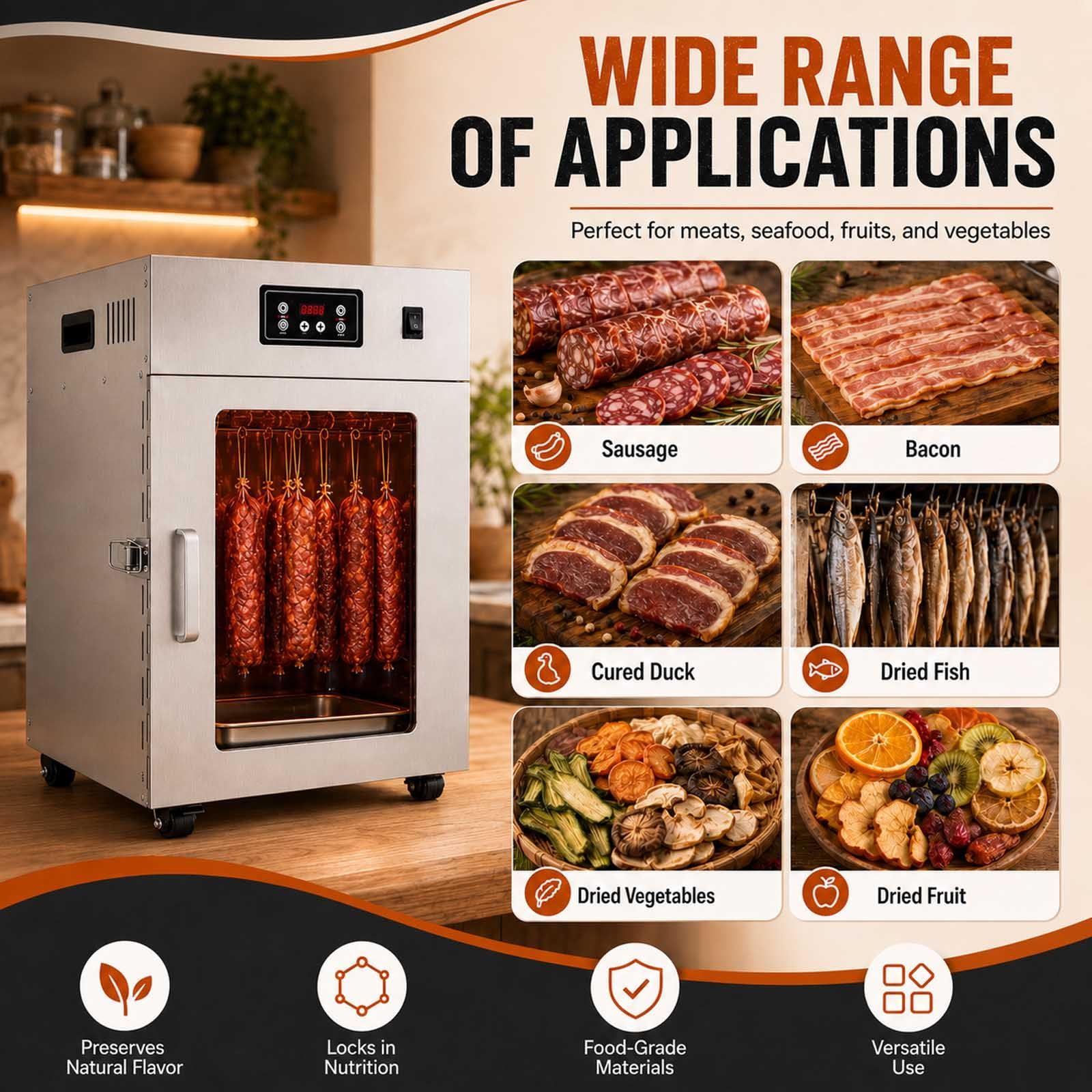 Dry Ager Für Fleisch Mit 360°-Luftstrom Und 30–90 °C Regelung Withoutgrid | 800 W Edelstahl-Reifeschrank Mit 30–90 °C, 24-H-Timer, 360°-Heissluft, 14 Haken Und 5–7,5 Kg Kapazität.