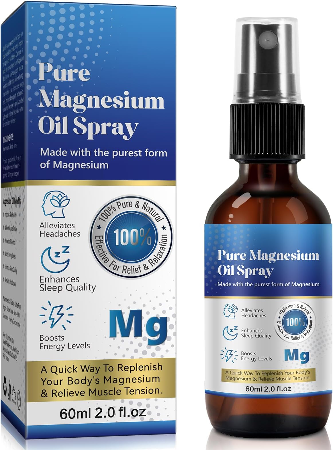 Magnesium Oil Spray 60ml, 100% Organic Natural Magnesium Spray for Sleep, Muscle Recovery Use for Feet and Legs, Easy to Absorb, Gluten Free