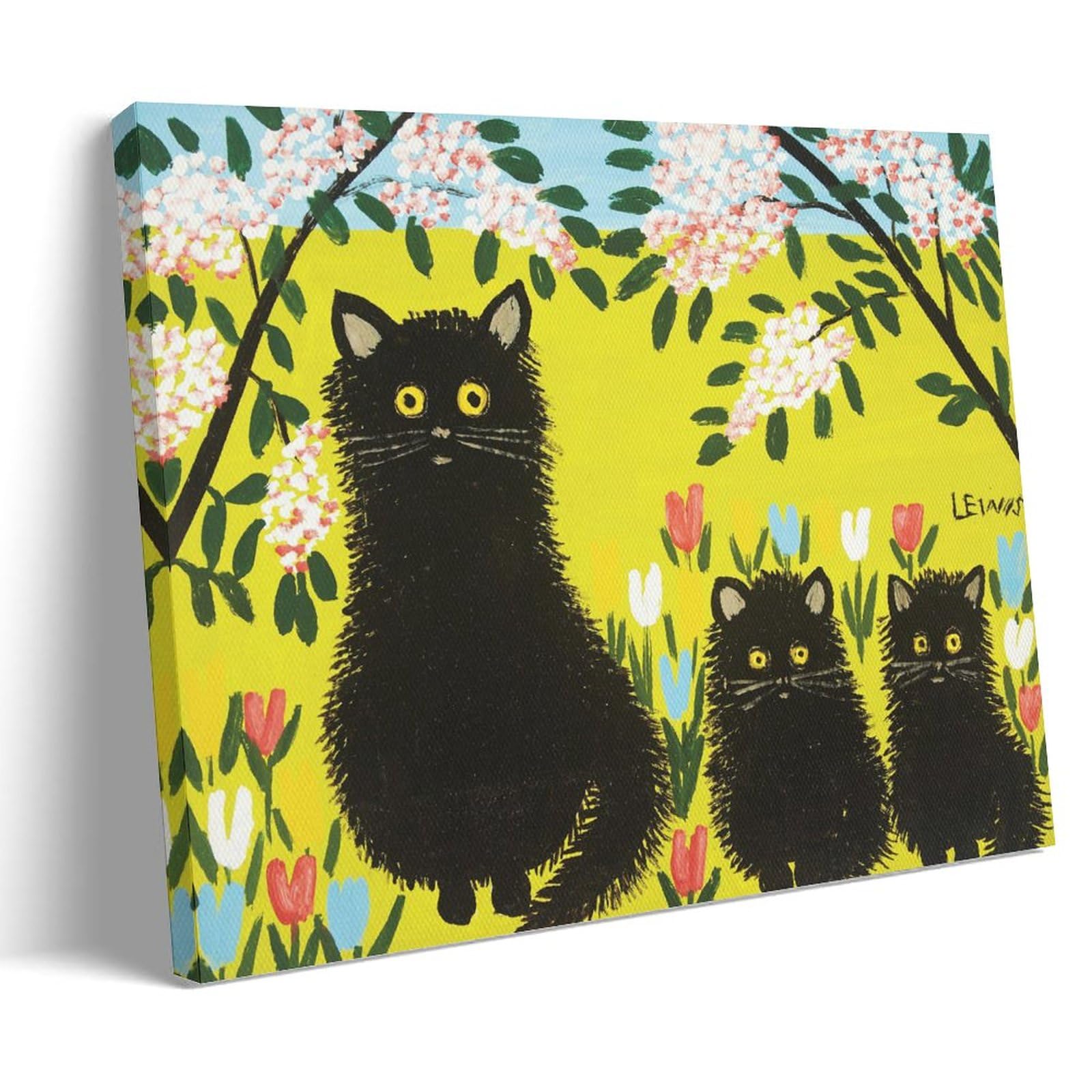 Nganoh Frame-Style Three Black Cats By Maud Lewis Canvas Printed Poster Decorative Painting Canvas Wall Art Living Rooms Bedroom Painting 08X12inch(20X30cm)