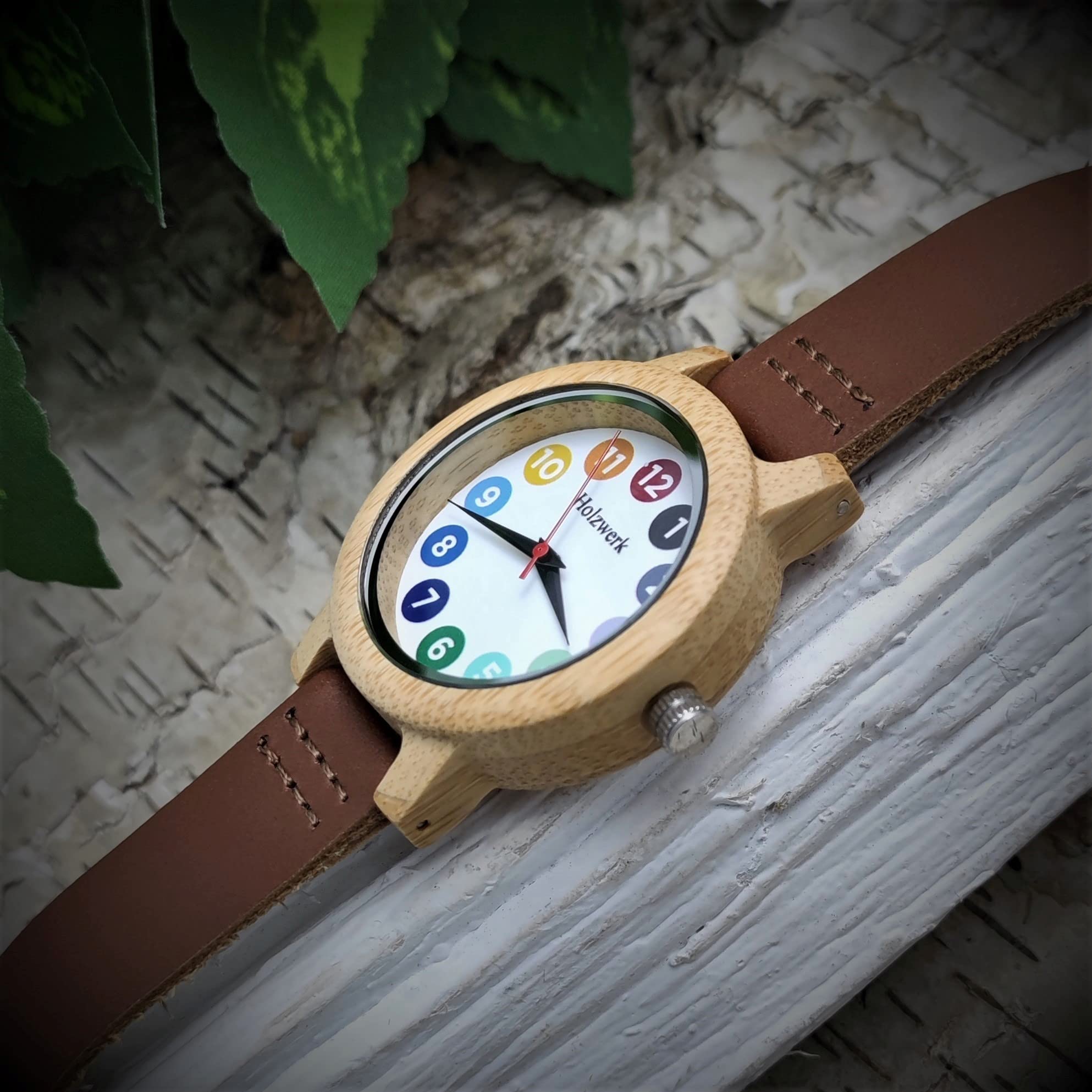 Holzwerk Germany® Mädchen-Uhr Kinder-Uhr Jungen-Uhr Öko Natur Holz-Uhr Lern-Uhr Leder Armband-Uhr Analog Klassisch Quarz-Uhr in Blau Schwarz Grün Rot Türkis Braun Weiß Bunt
