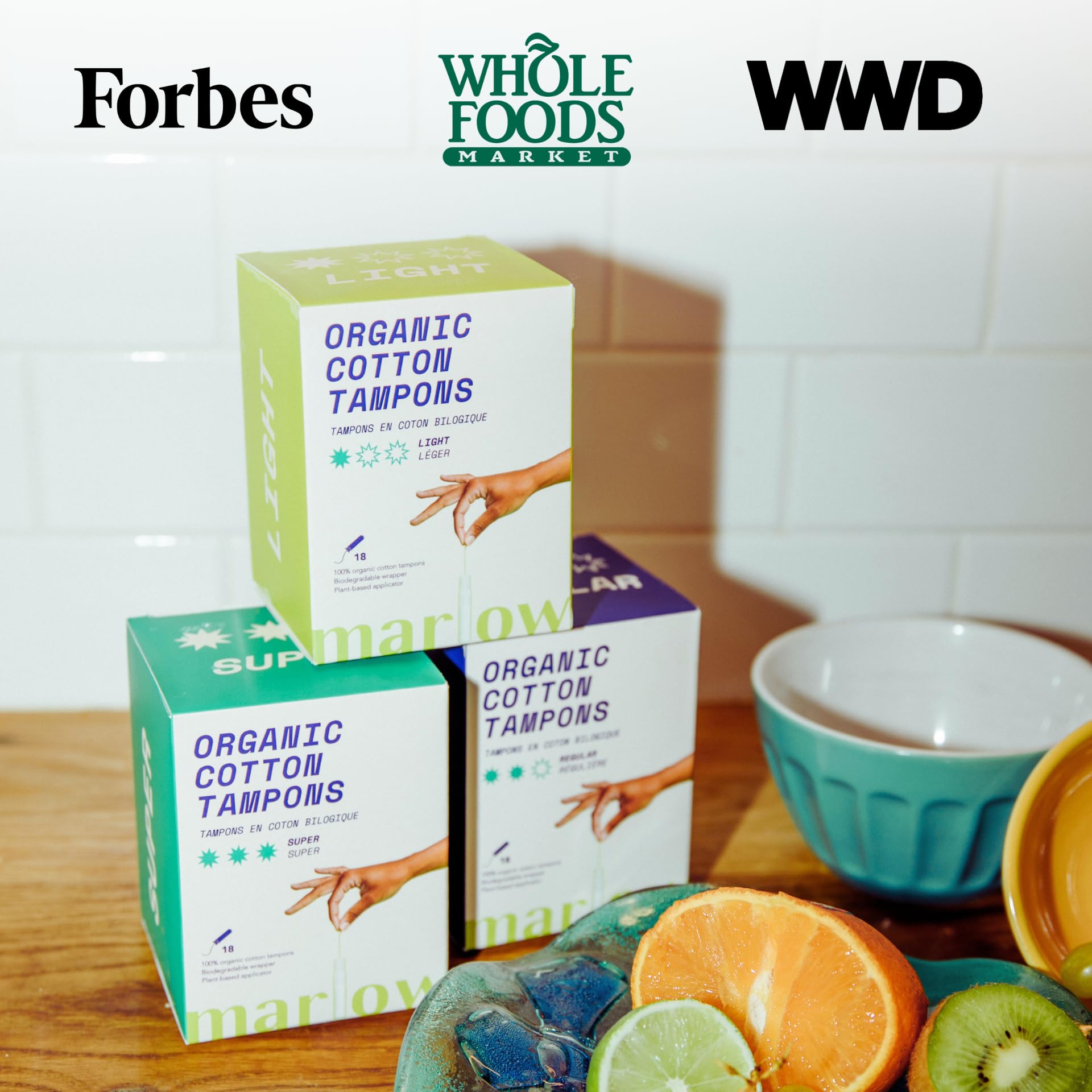 Marlow 100% Organic Cotton Easy Glide Tampons with Compact Plant Based BPA Free Applicator, Chlorine Free, Toxin Free, Hypoallergenic, Dermatologically Tested, Fragrance Free, Regular, 18 Count