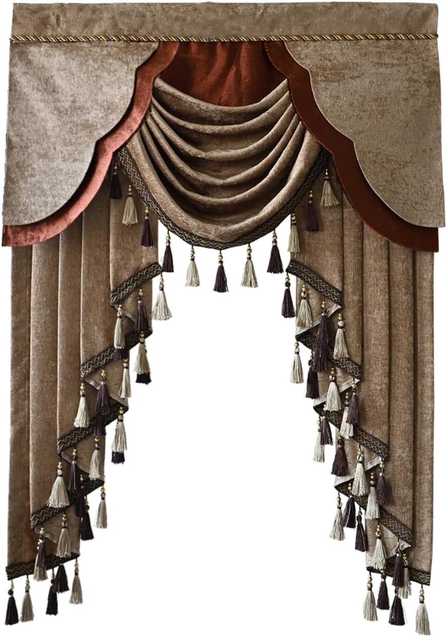 KMSG Luxury Waterfall Swag Valance with Tassles Brown Coffee Velvet European Blackout Window Curtain Valance for Living Room Bedroom Window Tratement Rod Pocket Top 1 Panel W39 Inch