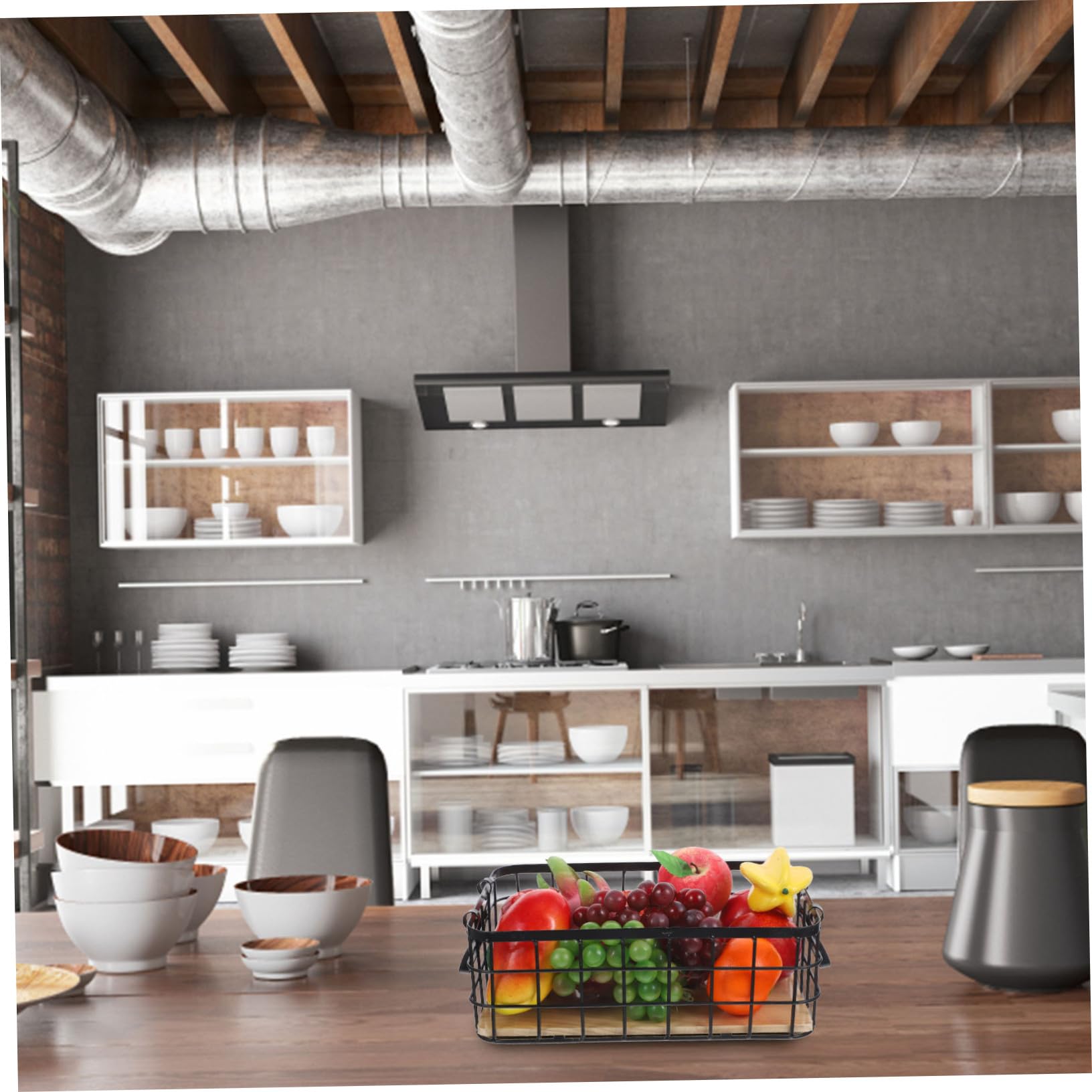 Cesta de Almacenamiento Metálica Pequeña con Asas Base de Madera Resistente y Apilable Organizador Multifuncional para Cocina y Baño Color Negro