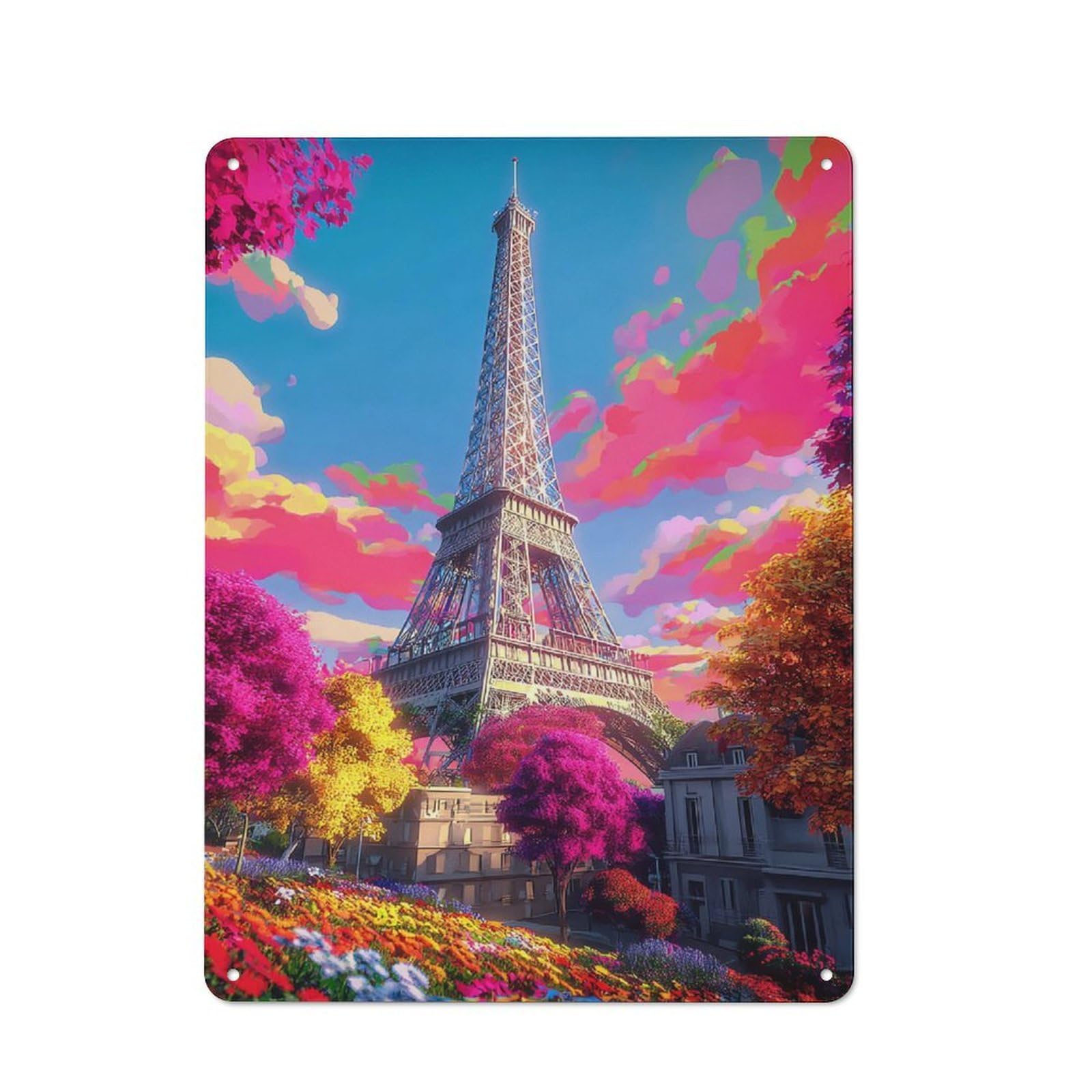 Junmoney Colorful Paris Eiffel Tower Scene -1 Decorative Tin Sign With Design 40X30cm, Farmhouse Cottage Wall Art For Farmhouse Kitchen, Pantry Or Dining Area