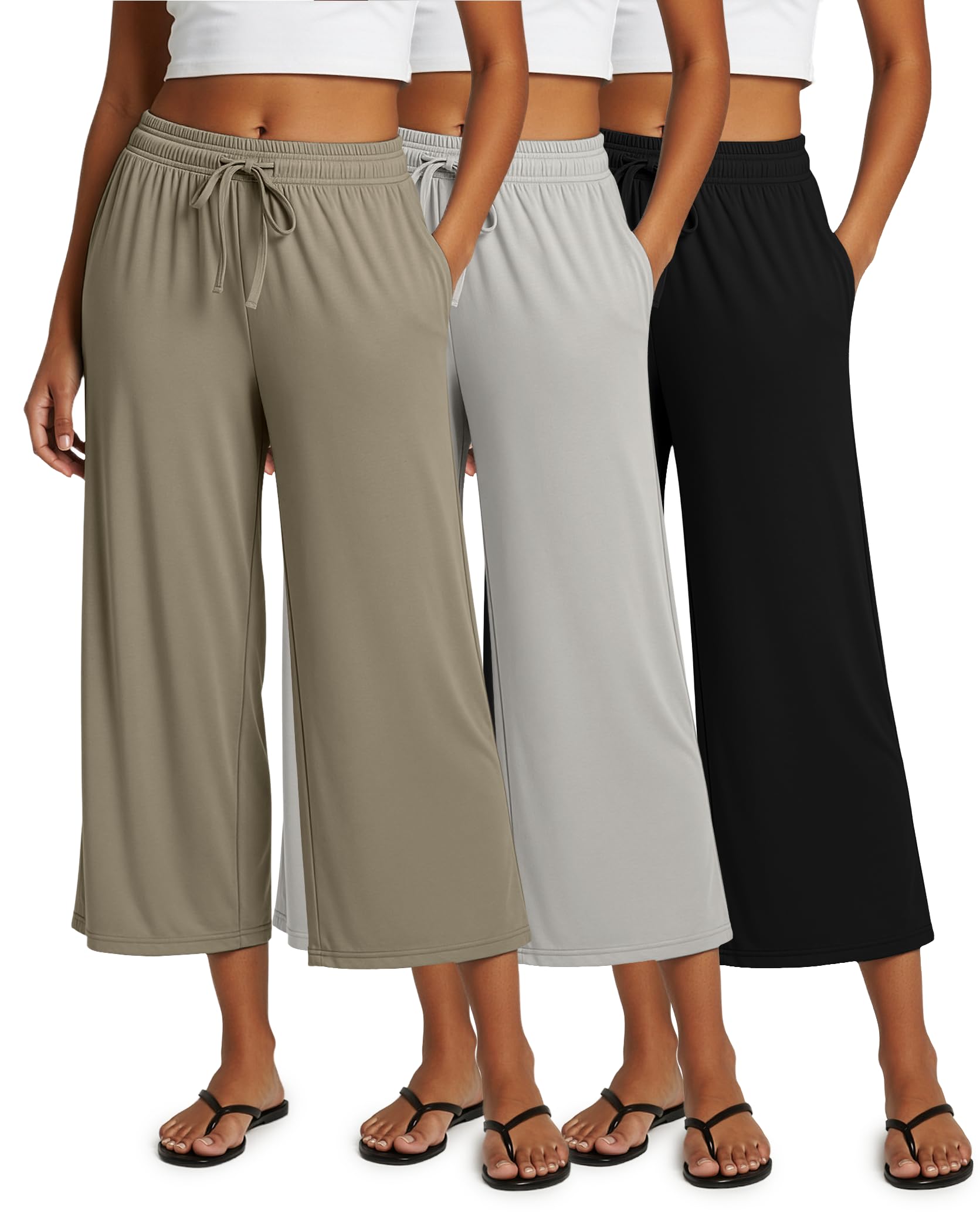 Photo 1 of *** CHECK COMMENTS*** Real Essentials 3 Pack: Women's Ultra-Soft Wide Leg Loose Capri Open Bottom Pants - Yoga Lounge Pockets
