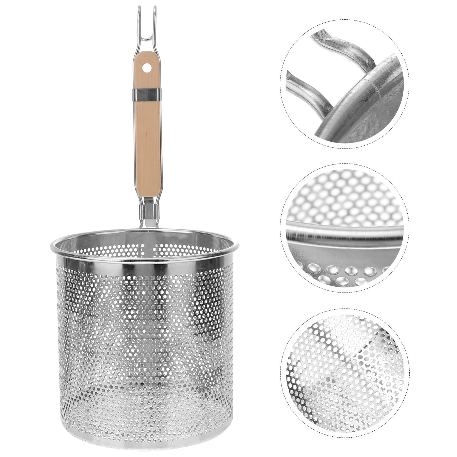 Nudelkorb aus Edelstahl, Nudelsieb, Nudelkorb mit Holzgriff, for Aufhängen von Spaghetti, Edelstahlgeflecht, Spinnensieb for Nudeln, Nudeln, Knödel, 18 cm Körbe (Farbe: Silber, Größe: 40,5 x 18 cm) (