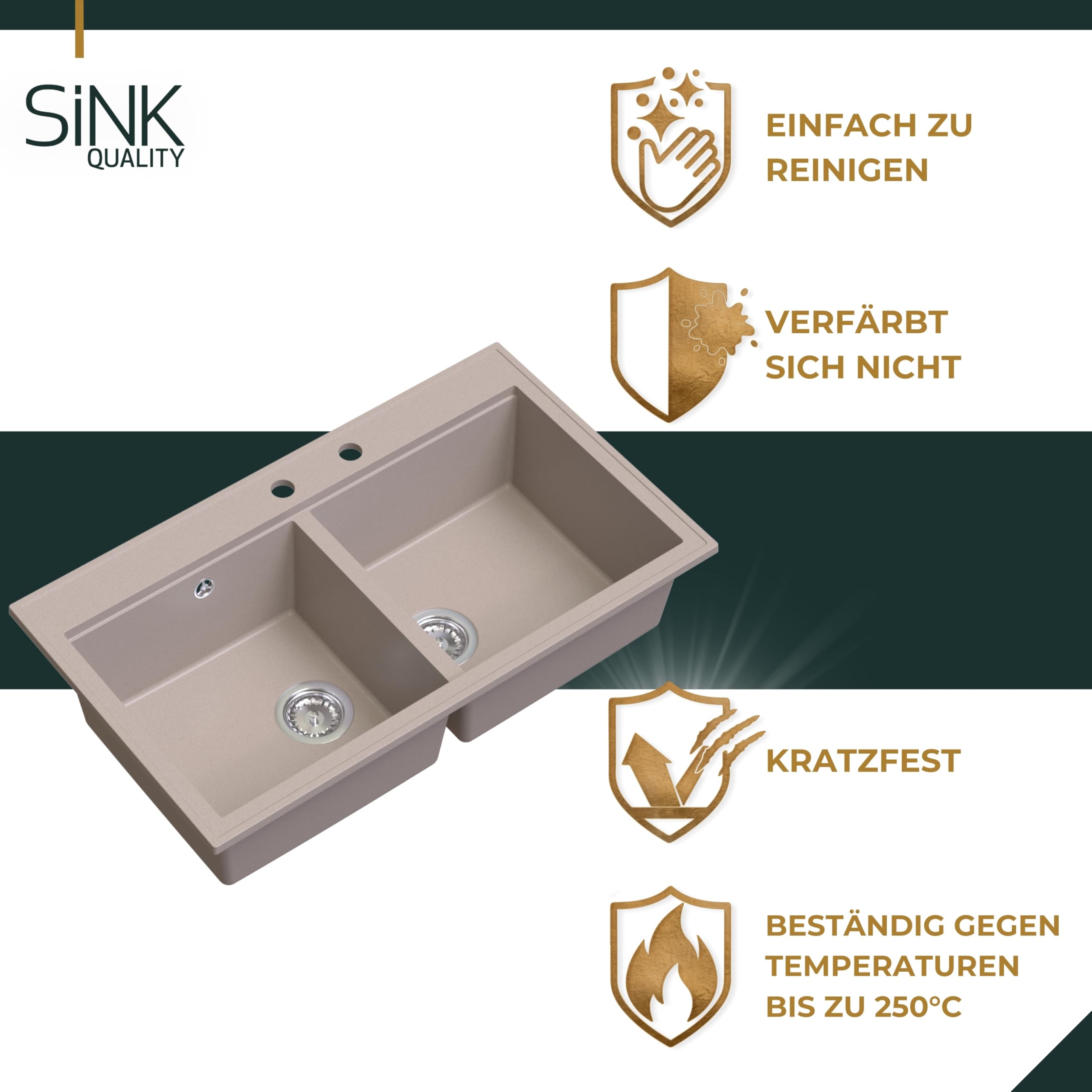 SINK QUALITY podwójny zlew szary z armaturą, zlewozmywak granitowy podwójny 86 x 50 cm, podwójny zlew z syfonem i substancją impregnującą, 2 umywalki zlewozmywak kuchenny od szafki pod umywalkę 85
