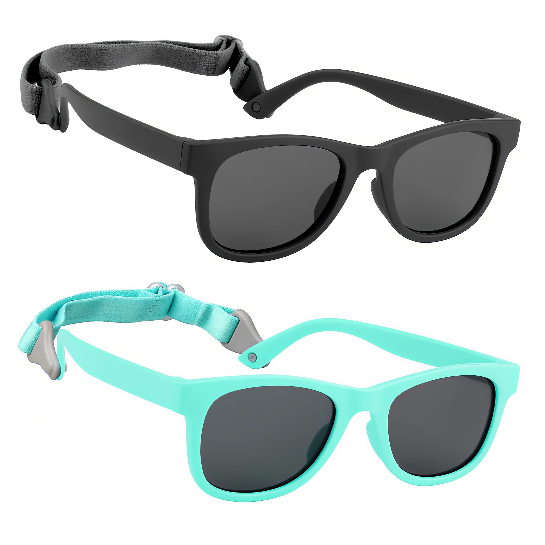 Kleinkind-Sonnenbrille, polarisiert, mit Riemen, für 2–8 Jahre, Mädchen, Jungen, Baby-Brille, UV-Schutz, Schwarz/Grau + Grün/Grau, Größe M, 2 Stück